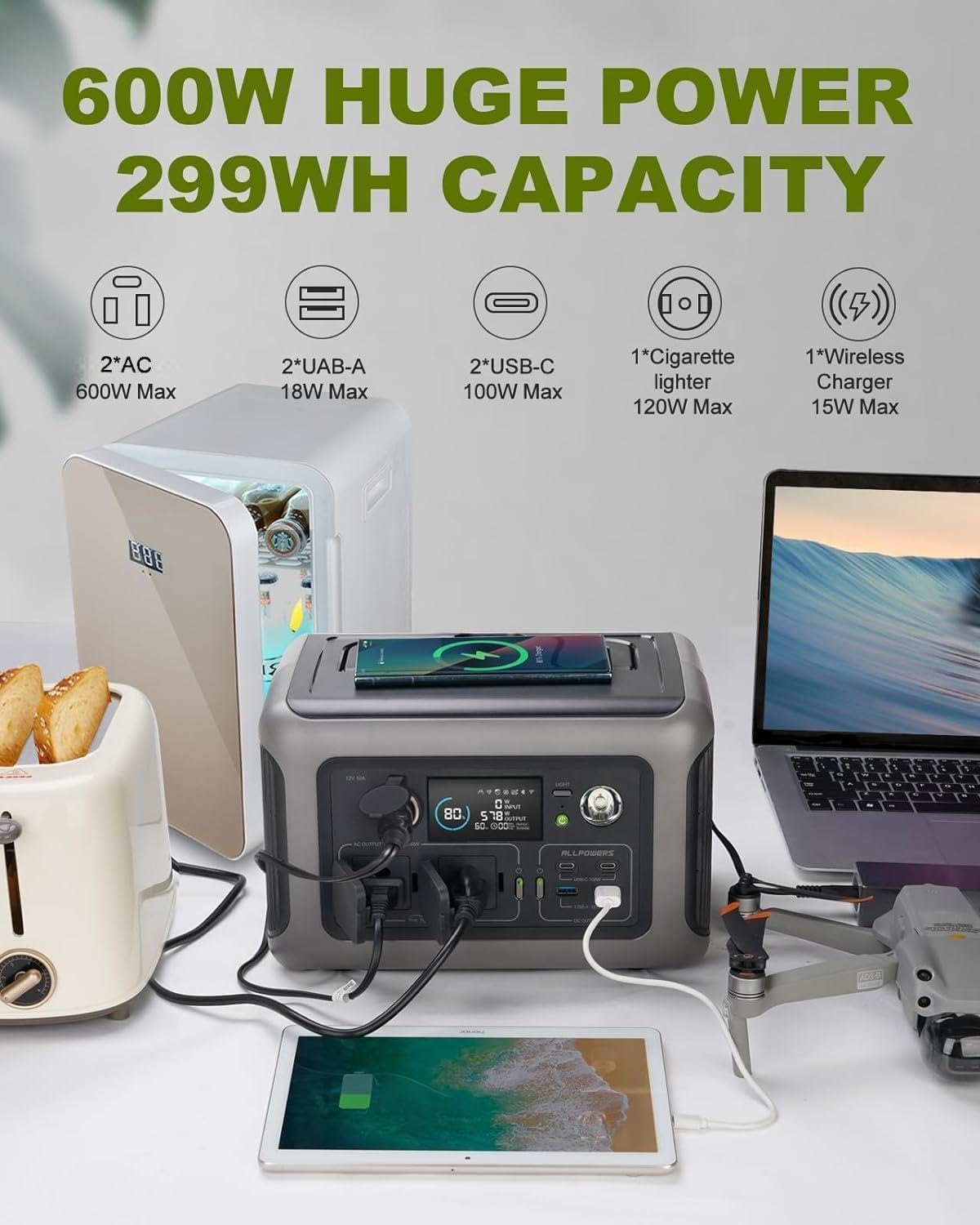 ALLPOWERS Portable Power Station R600 and 100W Solar Panel, 299Wh Solar Generator W/ 2 * 600W AC Outlets, 1 Hour Fast Charging, Lifepo4 UPS Power Supply Backup for Emergency Camping RV Home Use image number 1