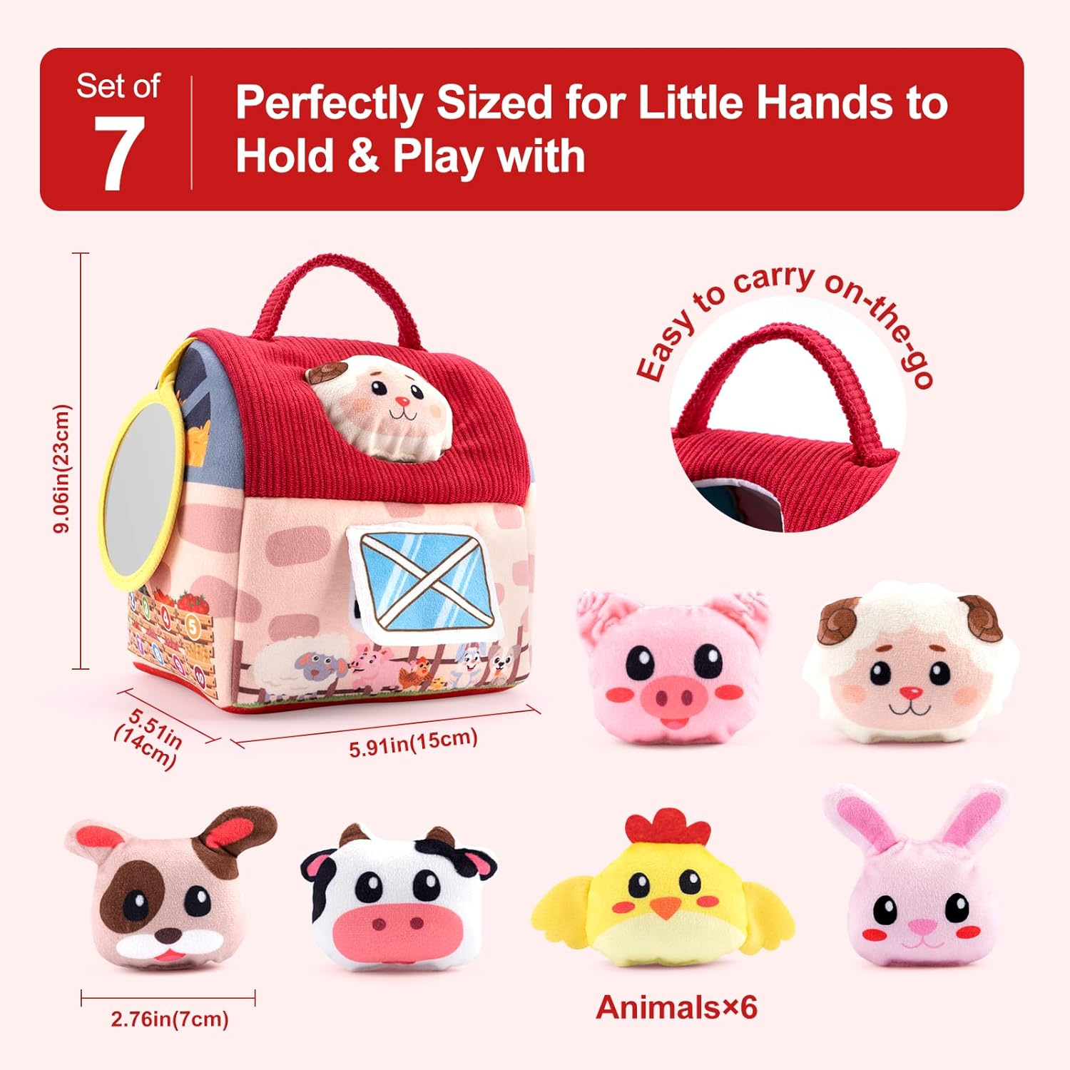 Baby Toys 6-12 Months, Stuffed Animal Rattles Plush Barn with 6 Farm Animals, Rattle, Crinkle Paper, Mirror, Infant Soft Farm Sensory Toys Hand Development Toy for Toddlers 1-3 image number 3