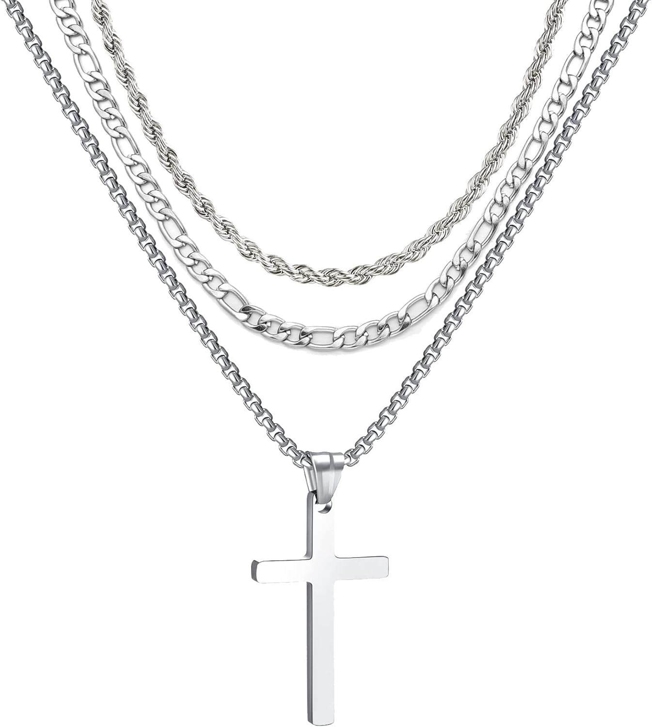 3Pcs Set Cross Necklace for Men, Mens Cross Necklace Cross Chain Layered Stainless Steel Rope Figaro Chains for Women Boys Gold Silver Black (20Inch/22Inch)