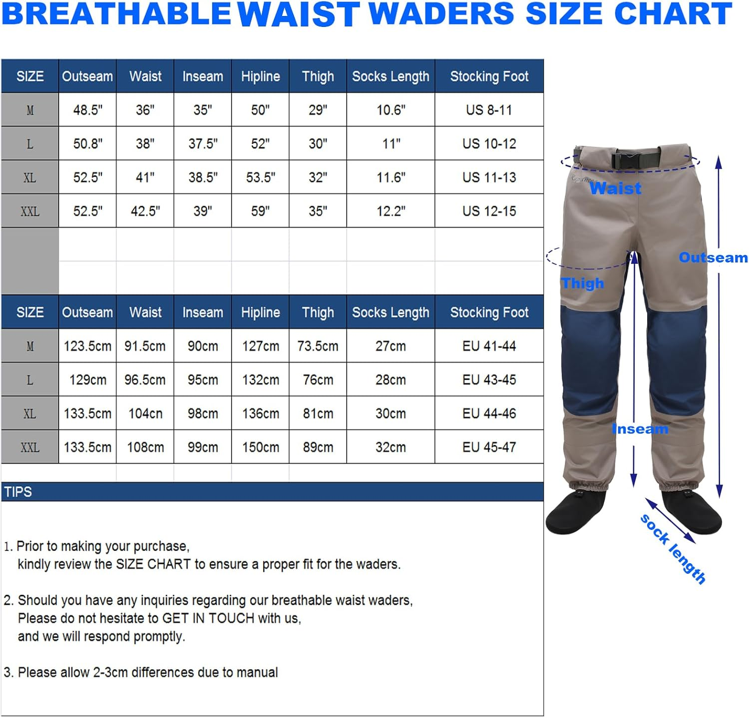 Raprance Breathable Stockingfoot Waist High Fishing Wading Pants Waders image number 3