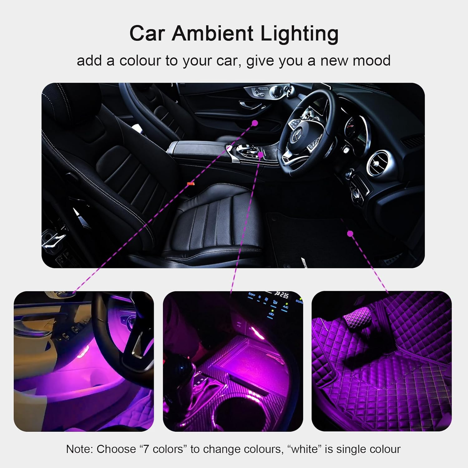 Car Led Interior Lights, Footwell Lights for Car Interior Ambient Lighting USB Rechargeable Wireless Touch Car Light for Boot, Car Doors, Armrest Boxes, Sitting Areas, 4 Pcs 7 Colors image number 1