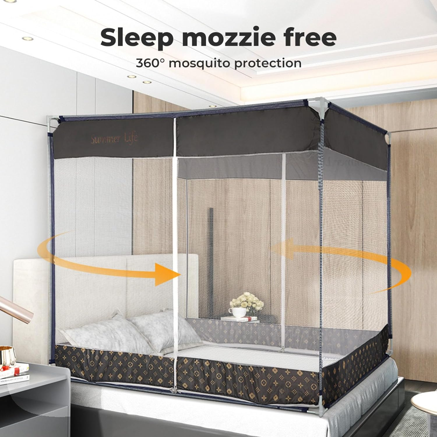 Dreamz Mosquito Net Bed Canopy-Foldable, 360&deg; Insect Protection, Dual-Sided Entry with Three-Way Zipper for Camping Home Use(Queen, Grey) image number 1