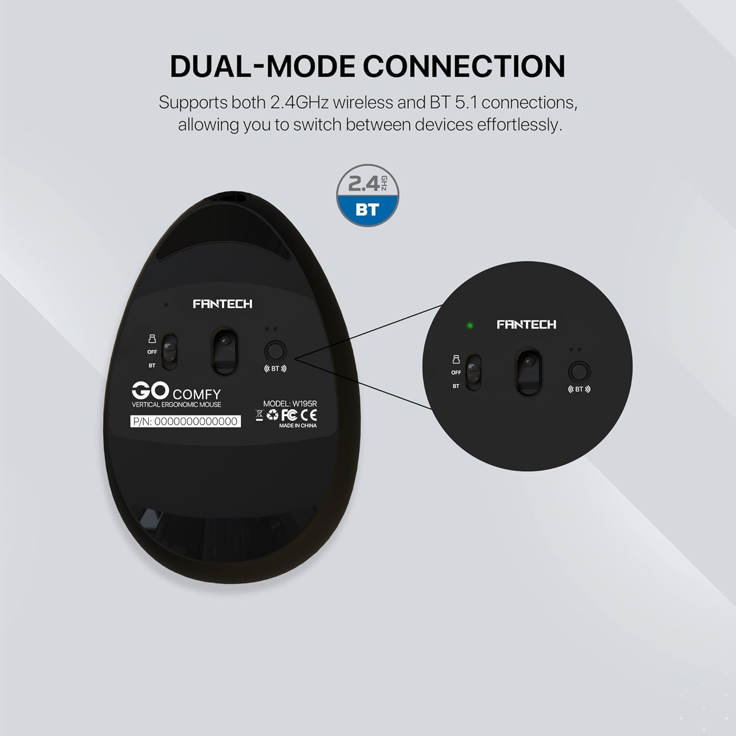 Fantech Comfy W195R Vertical Ergonomic Wireless Mouse &ndash; Silent Clicks, 2.4Ghz & Bluetooth, Office & Home Use (Grey) image number 2