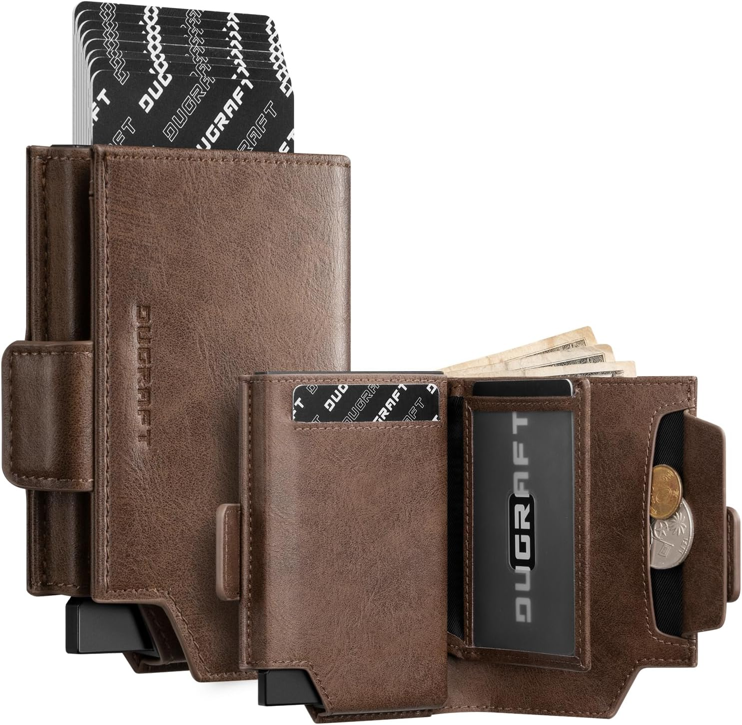 DUGRAFT Card Holder Wallet with Coin Pocket Magnetic Closure RFID Blocking Pop up Cards with ID Window & Money Organizers (Dark Brown)