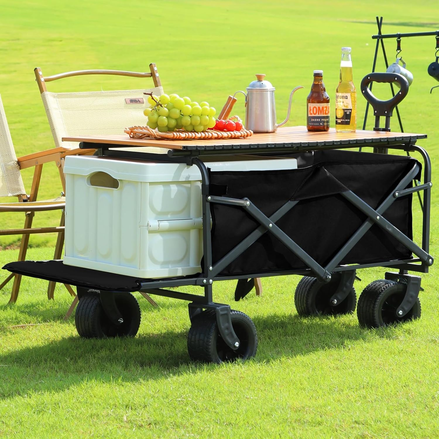 Collapsible Folding Wagon with Board Desktop, 10CM Wide Big Wheels with Brakes, Portable Large Wagon Cart, Bearing Capacity 175Kg Beach Wagon, Outdoor Stroller Wagon - Black image number 1