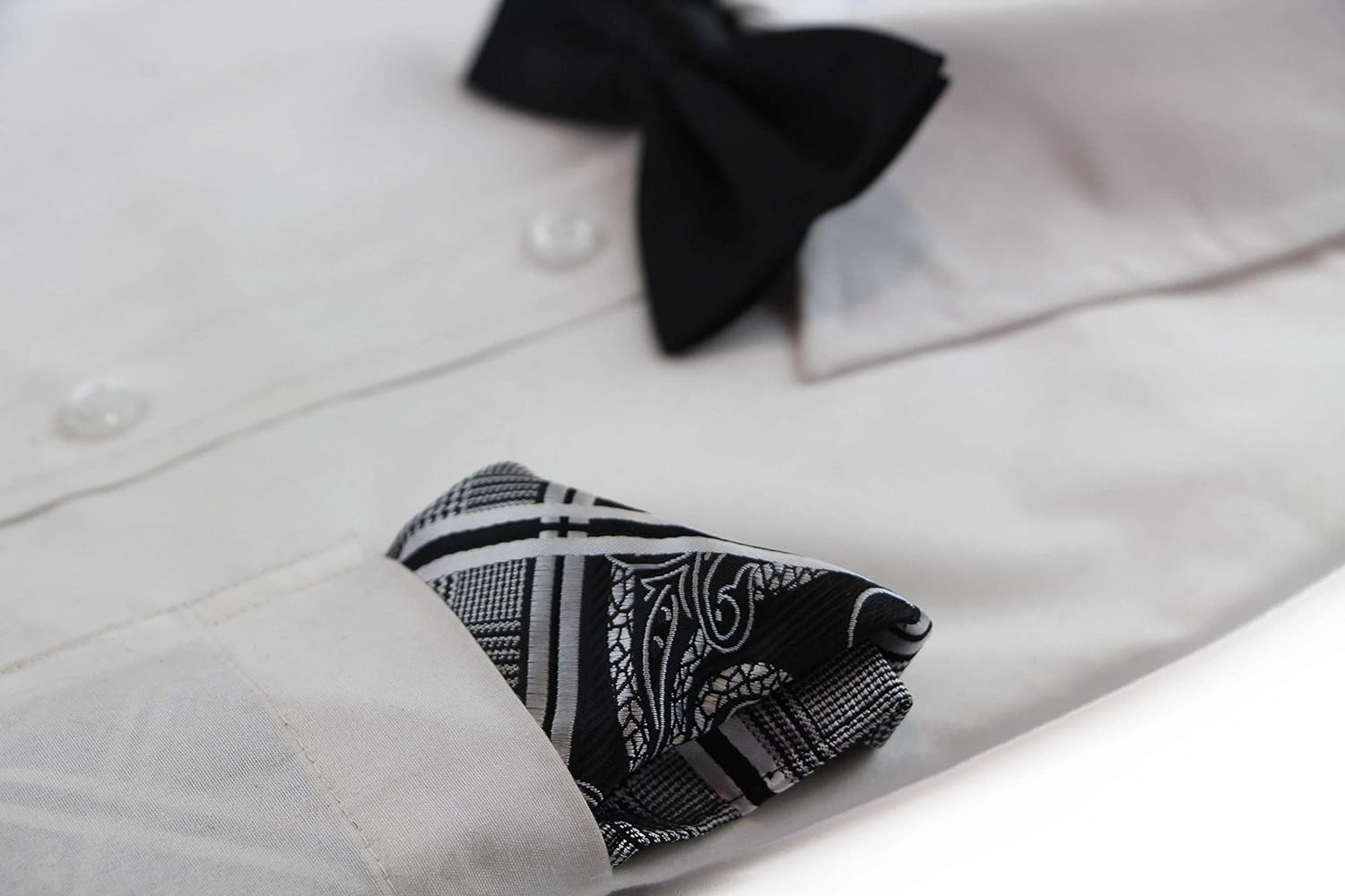 Mens Black, Silver & White Paisley Silk Pocket Square Black, Silver, White image number 2