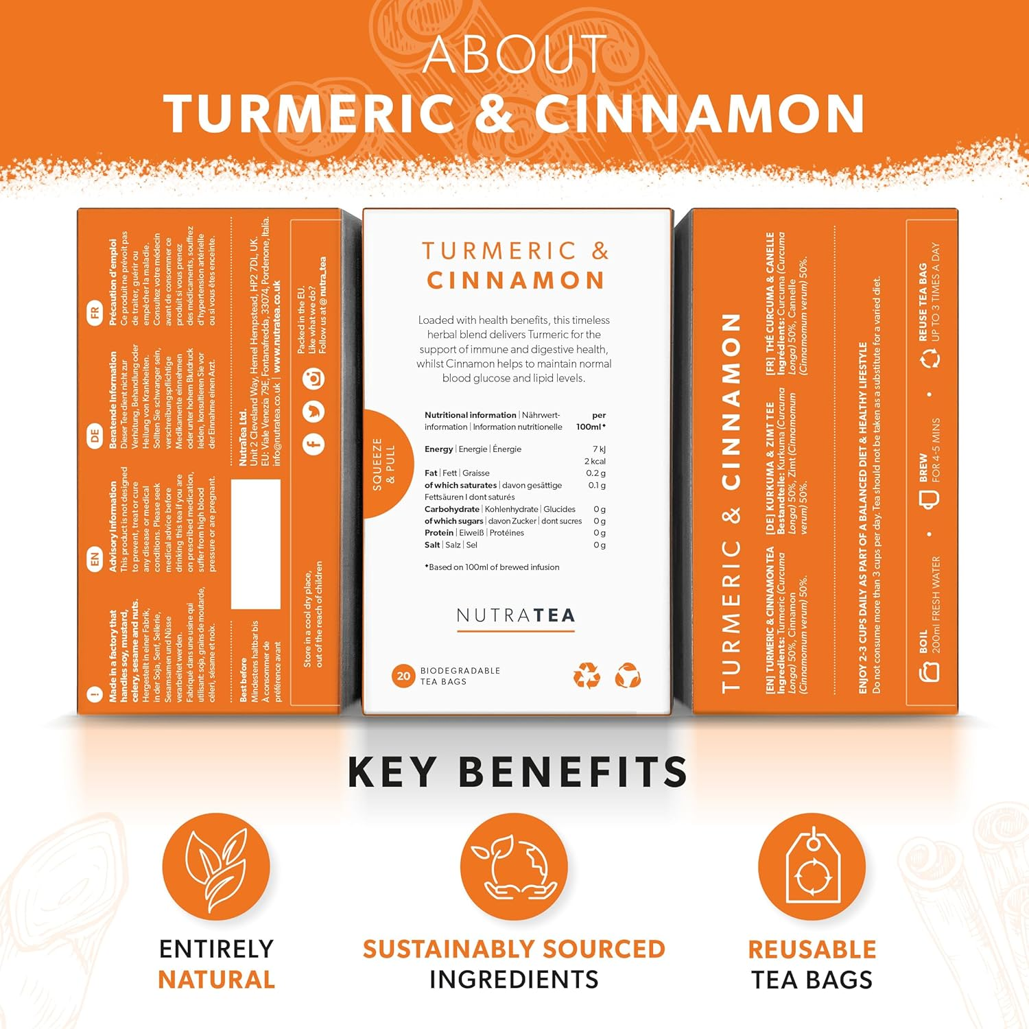Nutra Tea - Turmeric & Cinnamon Tea - 20 Tea Bags - Herbal Tea image number 3