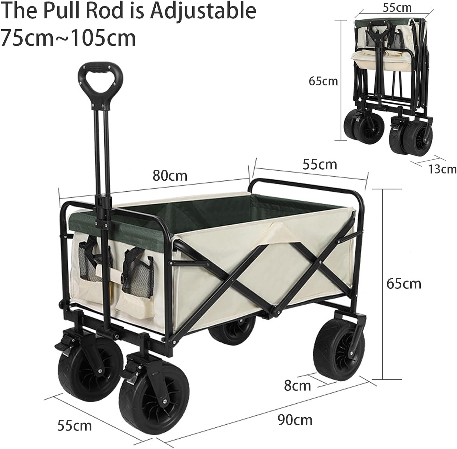 Collapsible Folding Wagon Cart, Portable Large Capacity Garden Cart with Wheels, Heavy Duty Utility Beach Cart Grocery Wagon with Adjustable Handle for Garden, Outdoor, Camping, Shopping