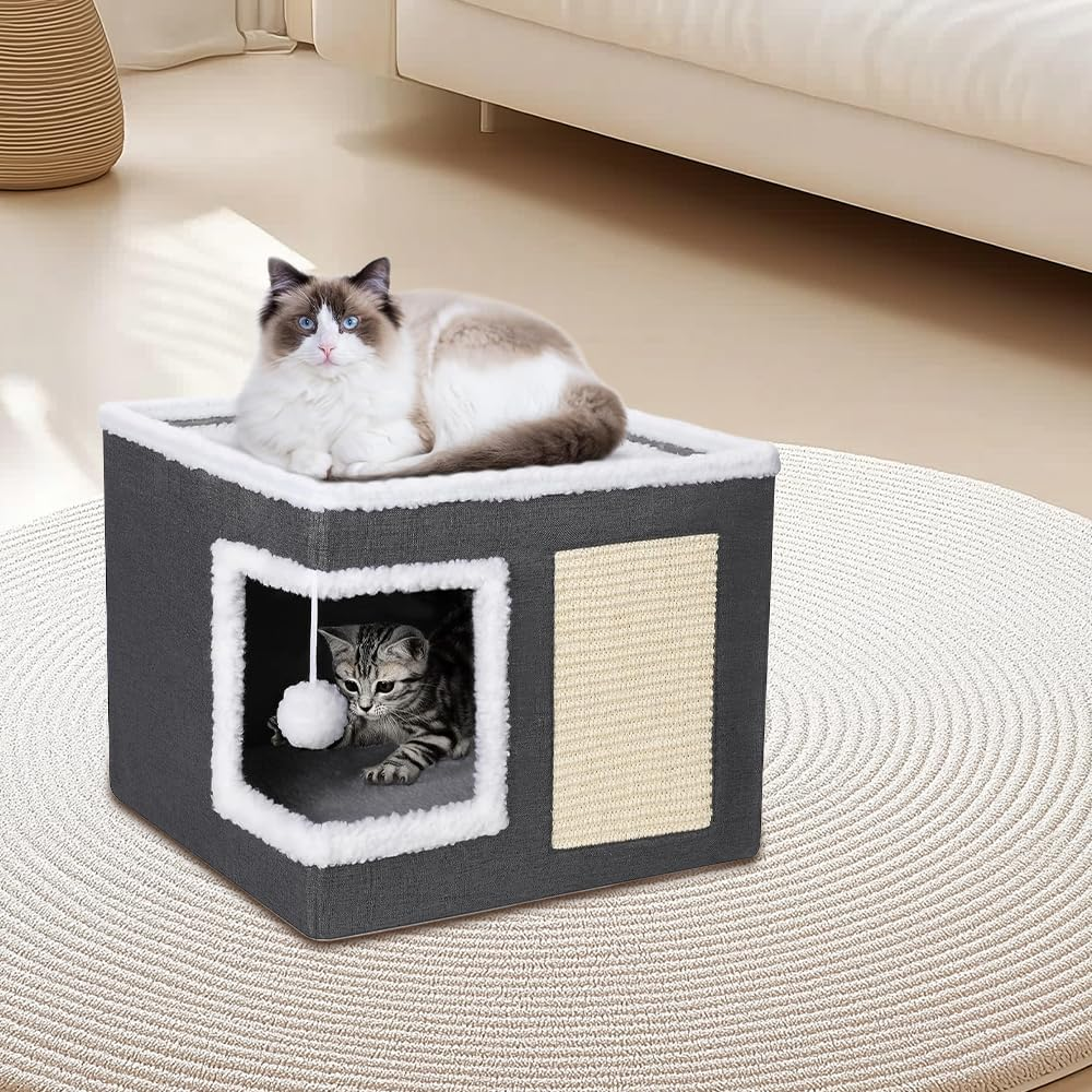Double Layers Cat & Dog Bed with Removable Mattress, Plush Foldable Pet House, Large Covered Cat Beds Cave & Furniture, Stylish Modern Design for Home Apartment Kitten Kitty Small Pet (41X41X35Cm) image number 6