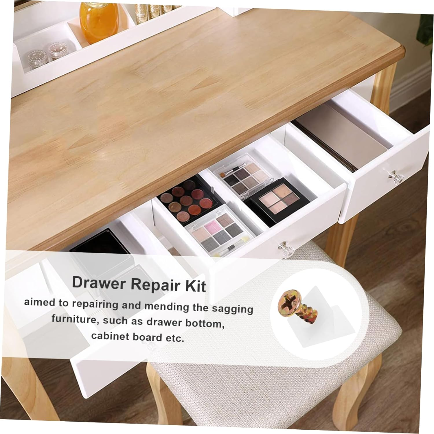 PLAFOPE 50Pcs 45&deg; Plastic Angle Corner Codes with 4X16 Rainbow Self-Tapping Screws Cabinet Bottom Wedges Drawer Repair Kit for Sagging Drawer Reinforcement and Shelf Support image number 2