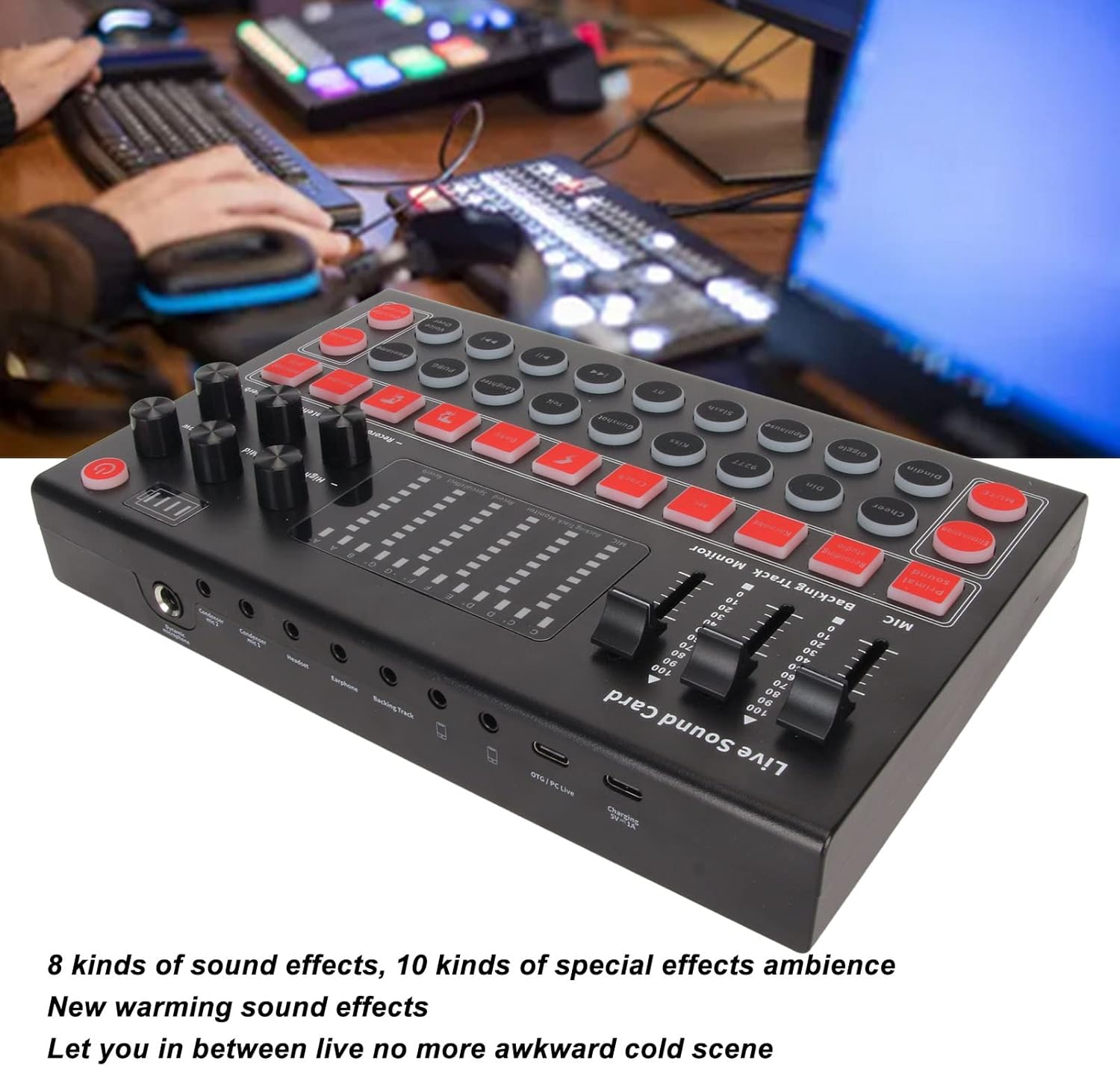 Live Sound Card, V8 Audio Mixer Podcast Interface with Voice Changer, BT Noise Cancellation Streaming Sound Card for Podcasting Live Recording, Treble Alto Bass Adjust Mixer image number 1