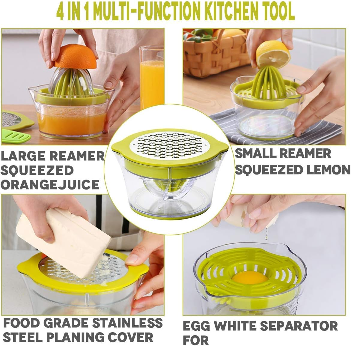 Citrus Lemon Orange Juicer, Manual Hand Squeezer with Built-In Measuring Cup and Grater 12OZ 4 in 1 Multi-Function Manual Juicer with Multi-Size Reamers, Ginger Garlic Cheese Grater Egg Yolk Separator image number 2