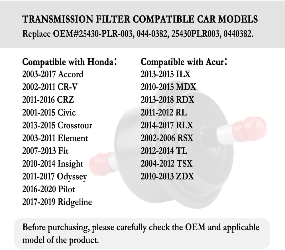 Automatic Transmission Filter Compatible with Honda Accord,Cr-V,Cr-Z,Civic,Acura ILX,MDX,RDX,RL,RLX Replacement Transmission Fluid Filter OEM#25430-PLR-003,044-0382, 25430PLR003, 0440382 image number 6