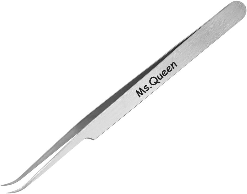 Ms.Queen Eyelash Extension Tweezers,Professional 8Pcs Straight and Curved Pointed Isolation Tweezers Set for False Classic Individual Volume Mink Lash Extensions (9-A Curved Tweezers)