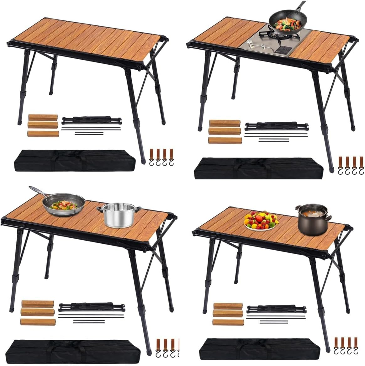 Portable Camping Table with Rolled Top Aluminum Design, Height Adjustable, 89 X 45 X 43, Wood Grain Effect, Stove Not Included