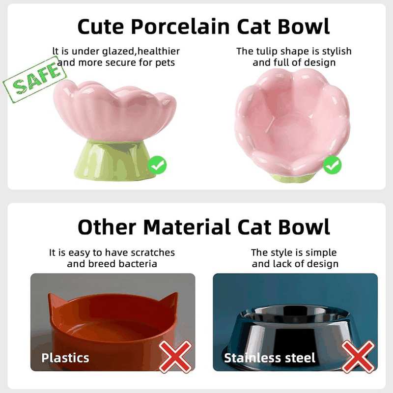 HYAVIA Ceramic Raised Cat Bowl &ndash; Pink Tulip Elevated Cat Dish, 13.5 CM Tall & Tilted, Whisker Friendly, Anti-Vomiting Pet Bowl for Small Indoor Cats & Dogs &ndash; Non-Slip, Cute Flower Design image number 4