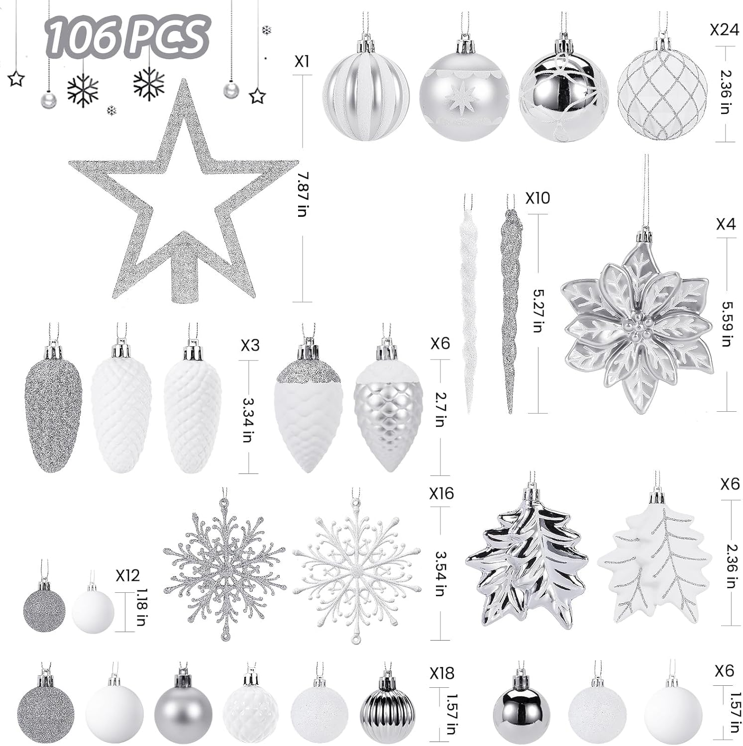 Shareconn 106PCS Christmas Balls Ornaments Set, Colorful Shatterproof Plastic Decorative Baubles for Xmas Tree Decor, Holiday, New Year, Wedding Party Decoration with Hooks Included, White &Silver image number 3