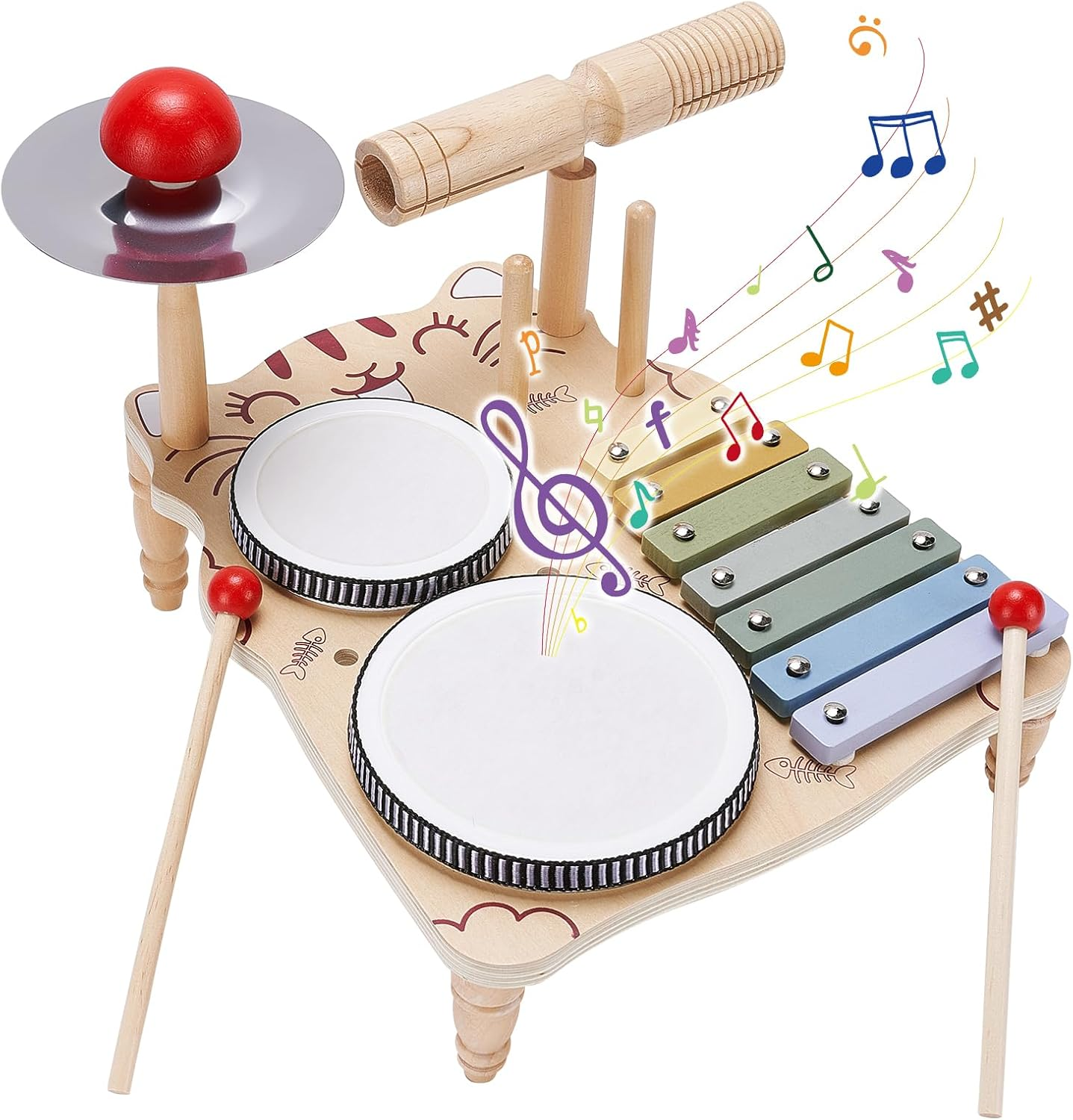 Wooden Drum Set for Toddlers, Baby Musical Instrument Set Kids Toys, Natural Wooden Montessori Toys Xylophone Music Kit Baby Sensory Toys Months Birthday Gifts for Girls Boys image number 4