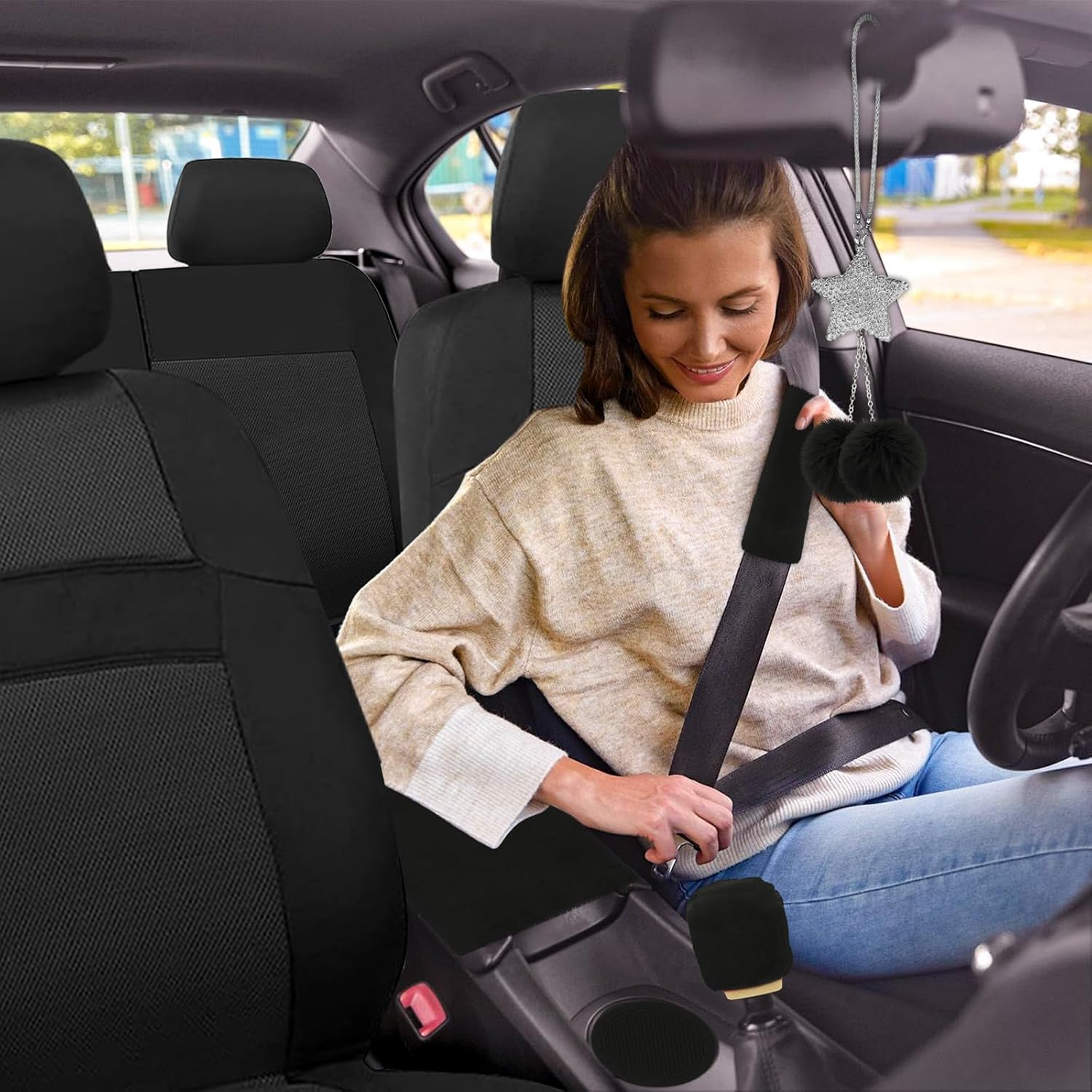 Car Seat Cover Full Set for Women with Waterproof Floor Mats,3D Air Mesh Car Seat Cover with 5Mm Composite Sponge Inside,Universal Fluffy Steering Wheel Cover, Accessories Full(Black) - Black image number 4