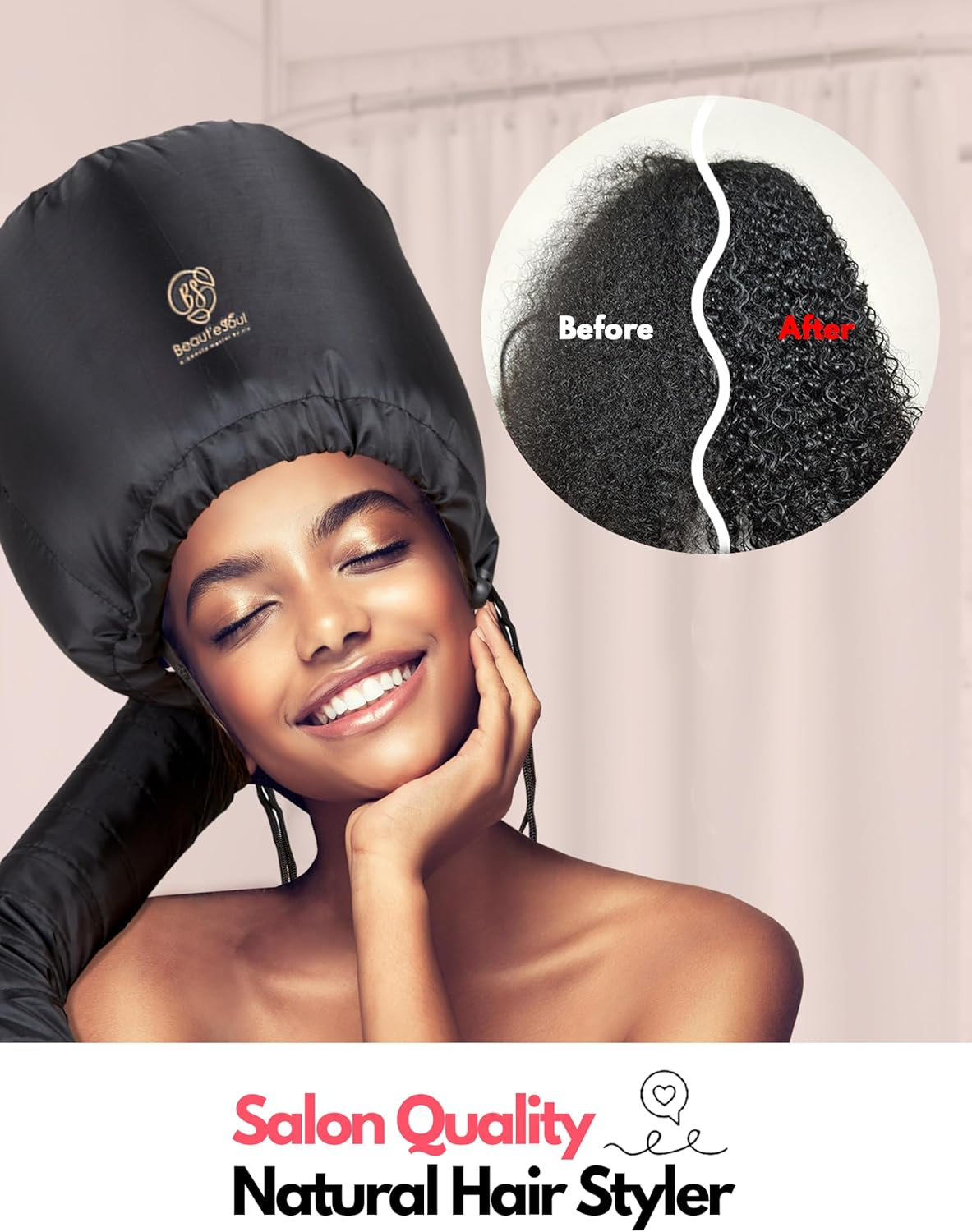 BEAUT'E SEOUL Soft Bonnet Hair Dryer Attachment - Upgraded Adjustable & Large Hood for Hand Held Dryers - Soft Blow Dryer Caps for Natural Curly Textured Hair Styling, Deep Conditioning & Fast Drying image number 2