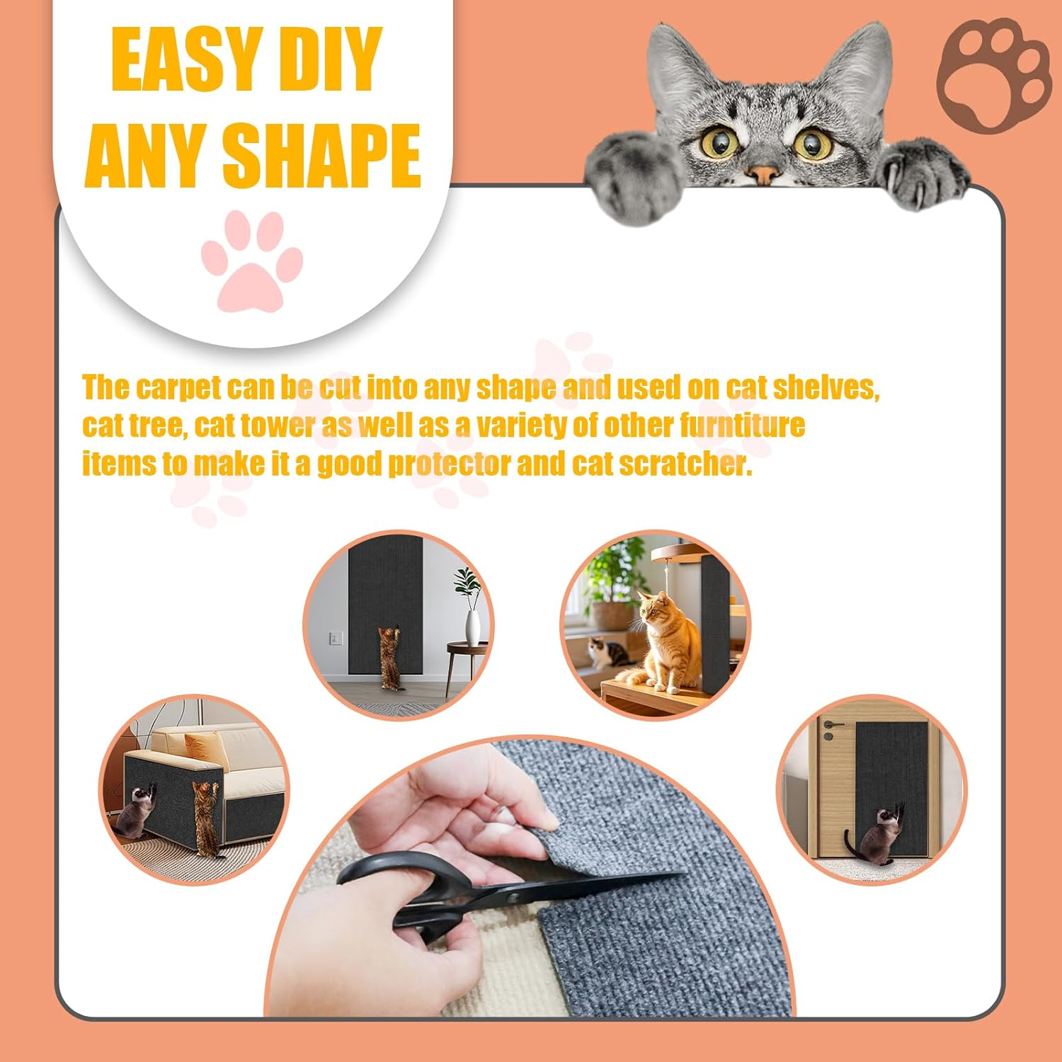 Cat Scratch Furniture Protector, 78.7"X15.8" Large Self-Adhesive Mat, Trimmable Scratch-Resistant Carpet for Sofa, Wall, Cat Tree & Door Protection, Durable Indoor Cat Scratcher (Dark Gray)