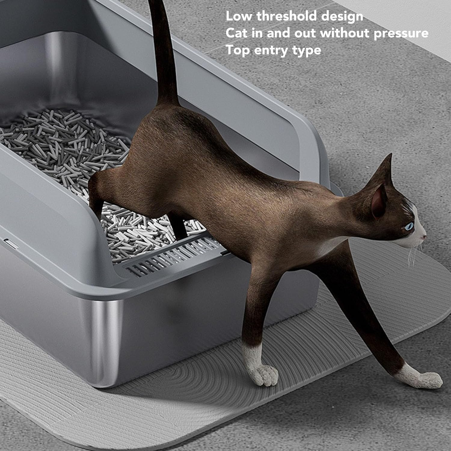Stainless Steel Cat Litter Box, Semi Enclosed High Sided Large Kitty Litter Box anti Urine Leakage Easy Cleaning Non Sticky Covered Litter Box with Lids and Scoop for Big (Large) image number 3