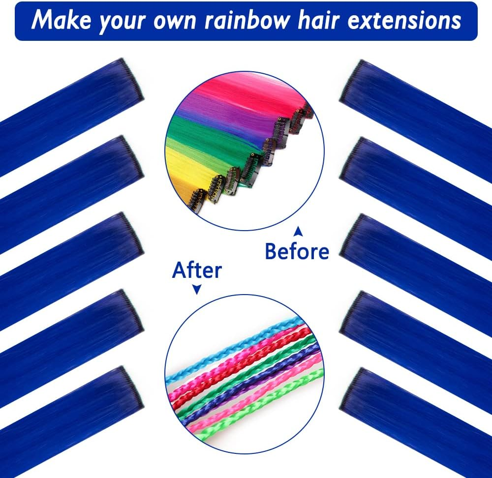 (Blue) - 50Cm Coloured Clip in Hair Extensions 10Pcs Straight Hair Synthetic Hairpieces for Party Highlight Blue image number 3