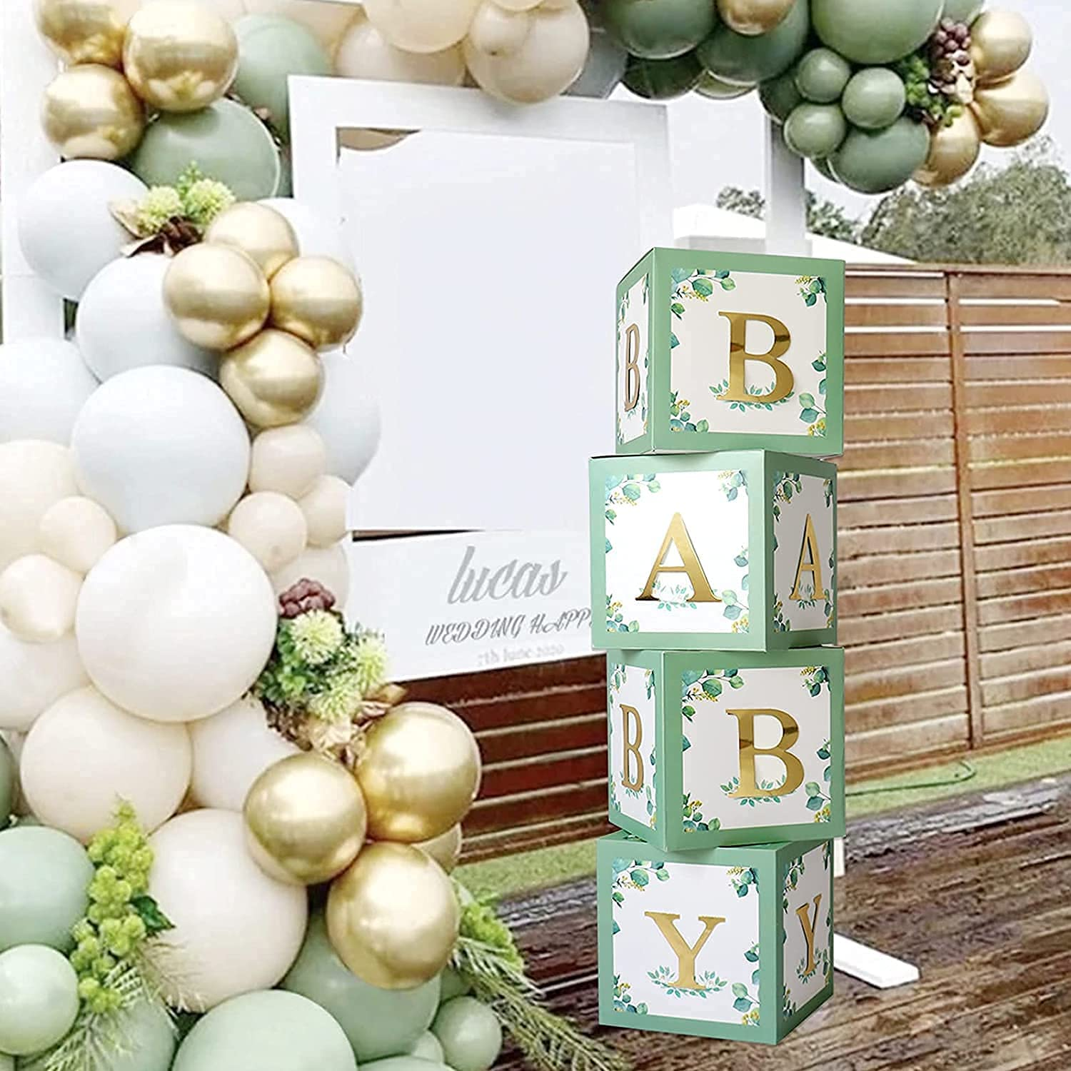Baby Shower Boxes for Birthday Party Decorations - 4 Wood Grain Brown Blocks with BABY Letter, Printed Letters,First Birthday Centerpiece Decor, Teddy Bear Baby Shower Supplies, Gender Reveal Backdrop