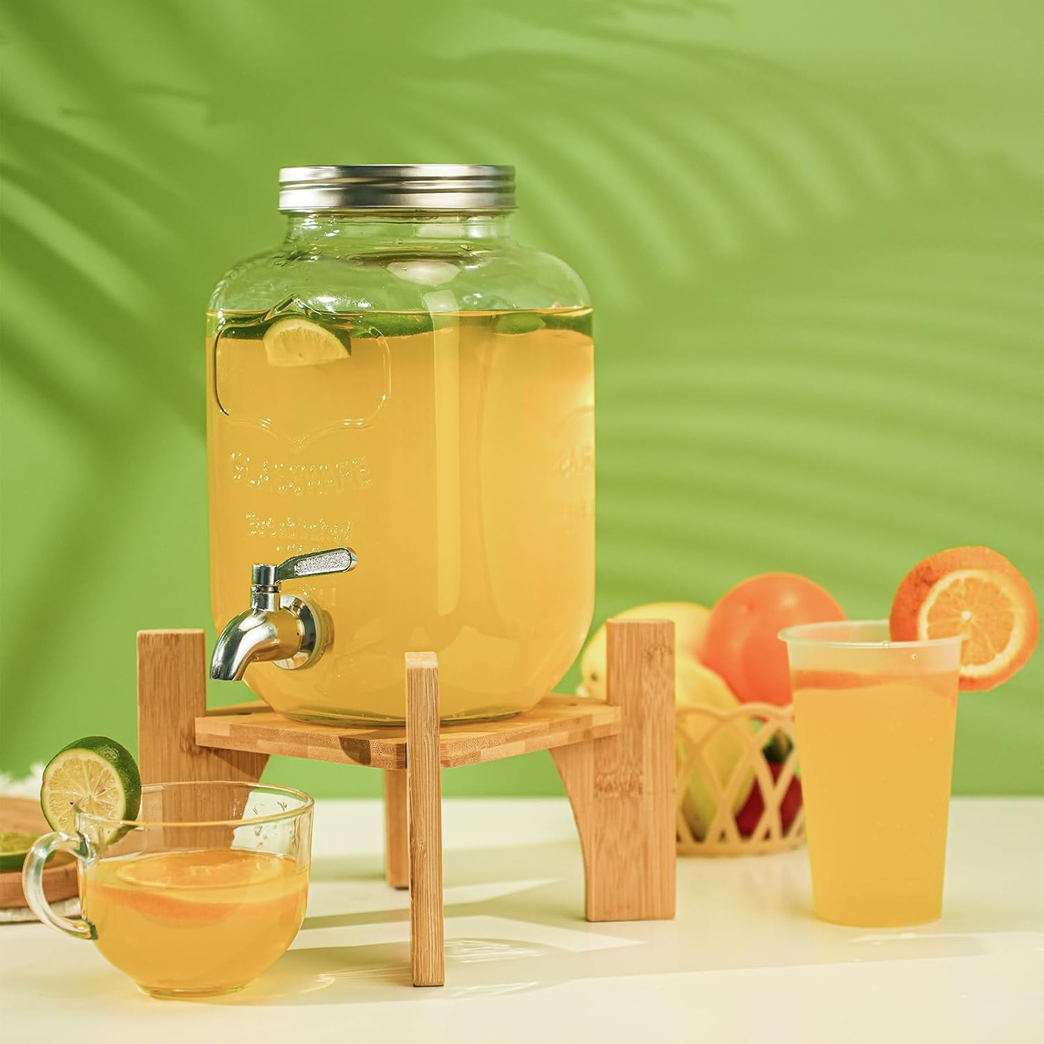 8L Glass Drink Dispenser with Cover Wide Mouth Iced Drink Jar with Tap Iron Holder, for Juice Water Homemade Tea Drinks (8L Glass with Bamboo Stand) image number 4