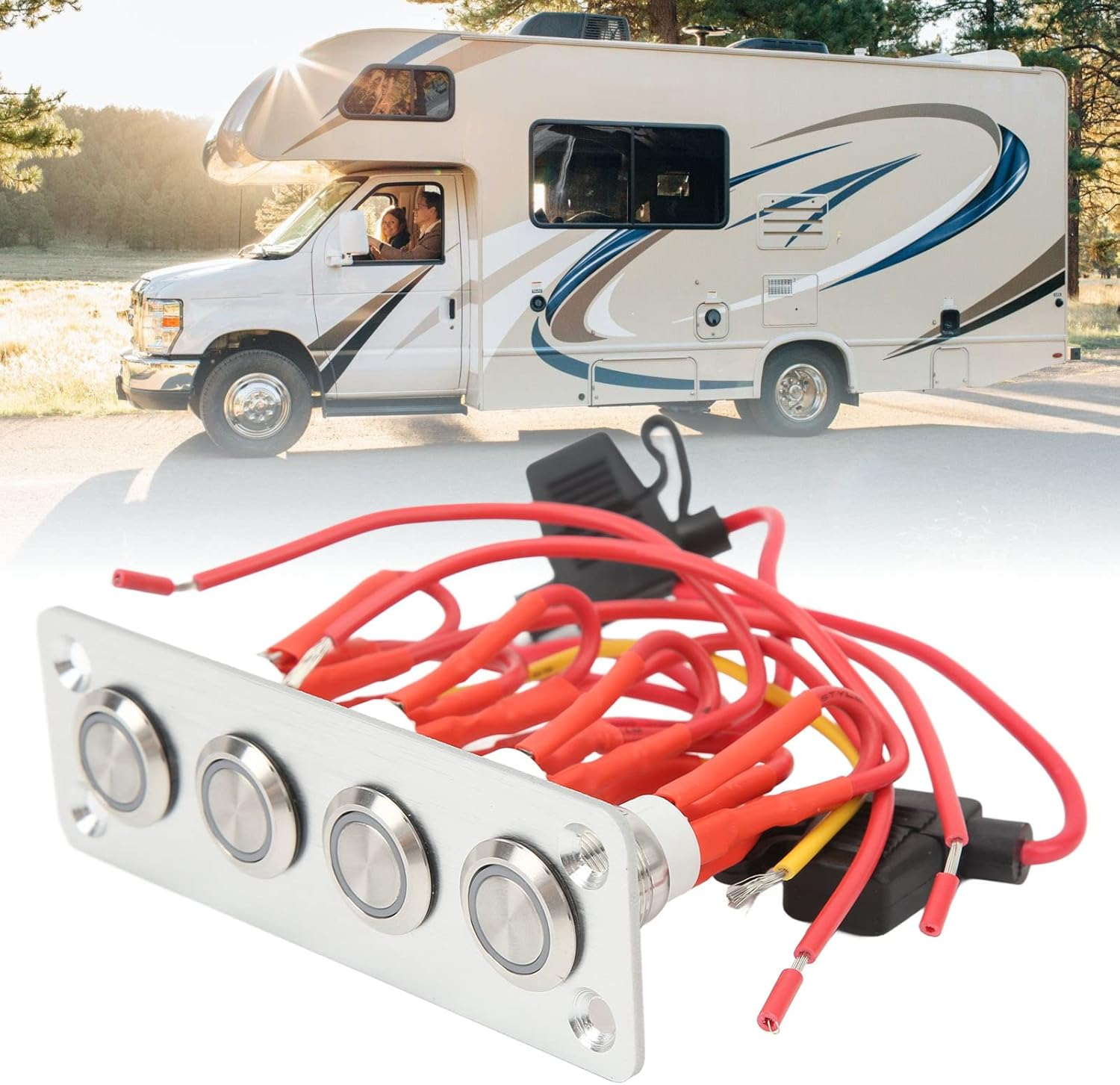 4 Gang Rocker Switch Panel, 12V 16A On/Off Push Button Switch Panel with Blue Backlit LED, Universal Boat Marine Rocker Switch Aluminum Panel for Car, RV, Truck, Automotive image number 1