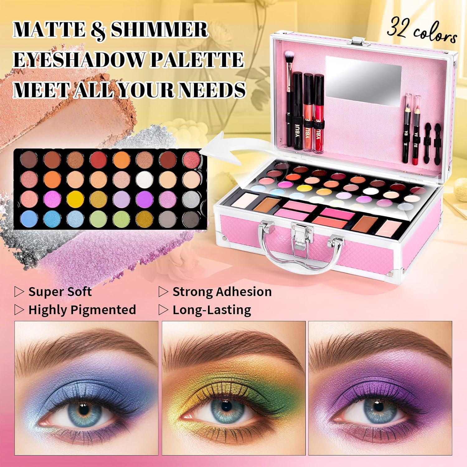 Beginner Makeup Kit for Teen,Makeup Set for Girl Women,Beginner Makeup Kit with Cosmetic Train Case Included 32 Colors Eyeshadow Blush Contour Lip Gloss Lip Liner Mascara Eyeliner Mirror