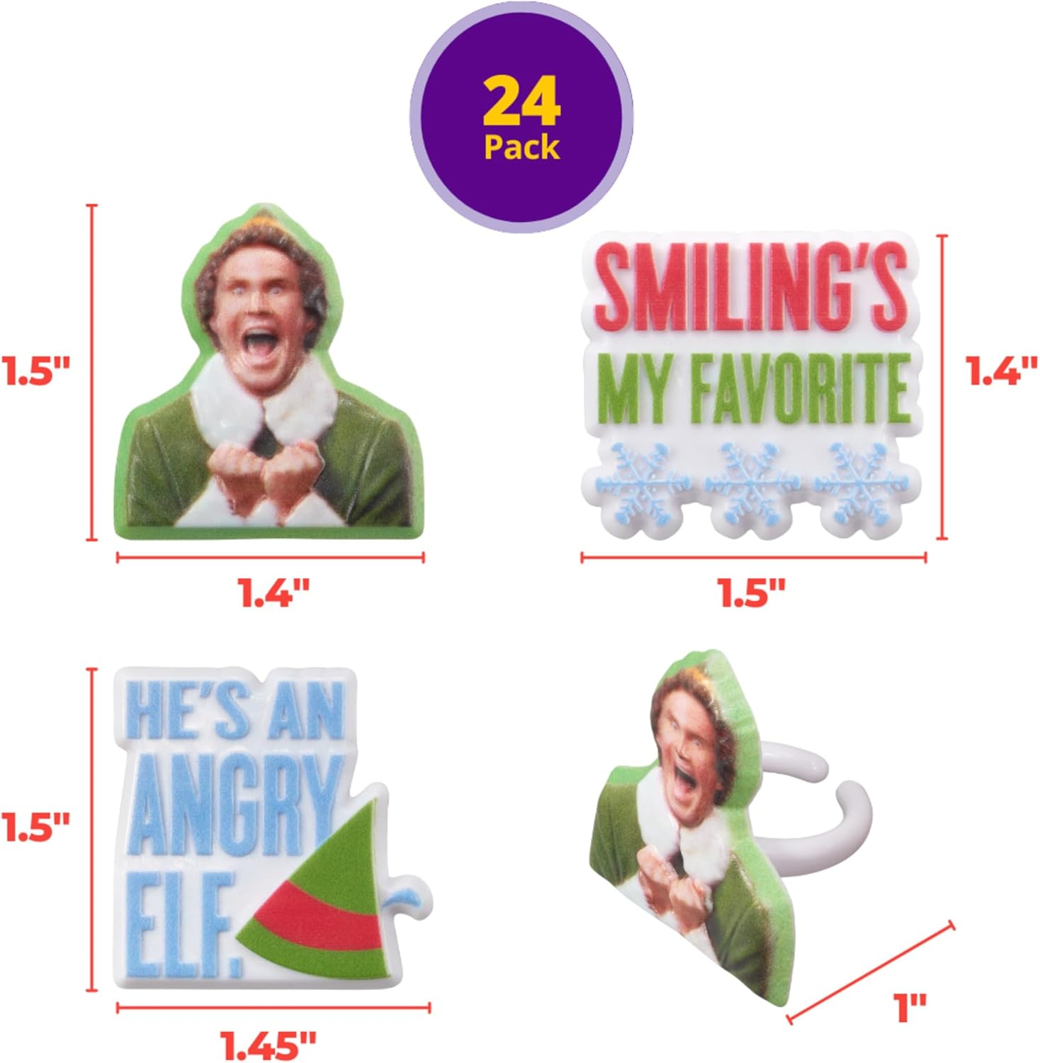Decopac Elf Smiling'S My Favorite Festive Rings, Christmas Cupcake Decorations for Holiday Celebrations and Parties &ndash; 24 Pack image number 1