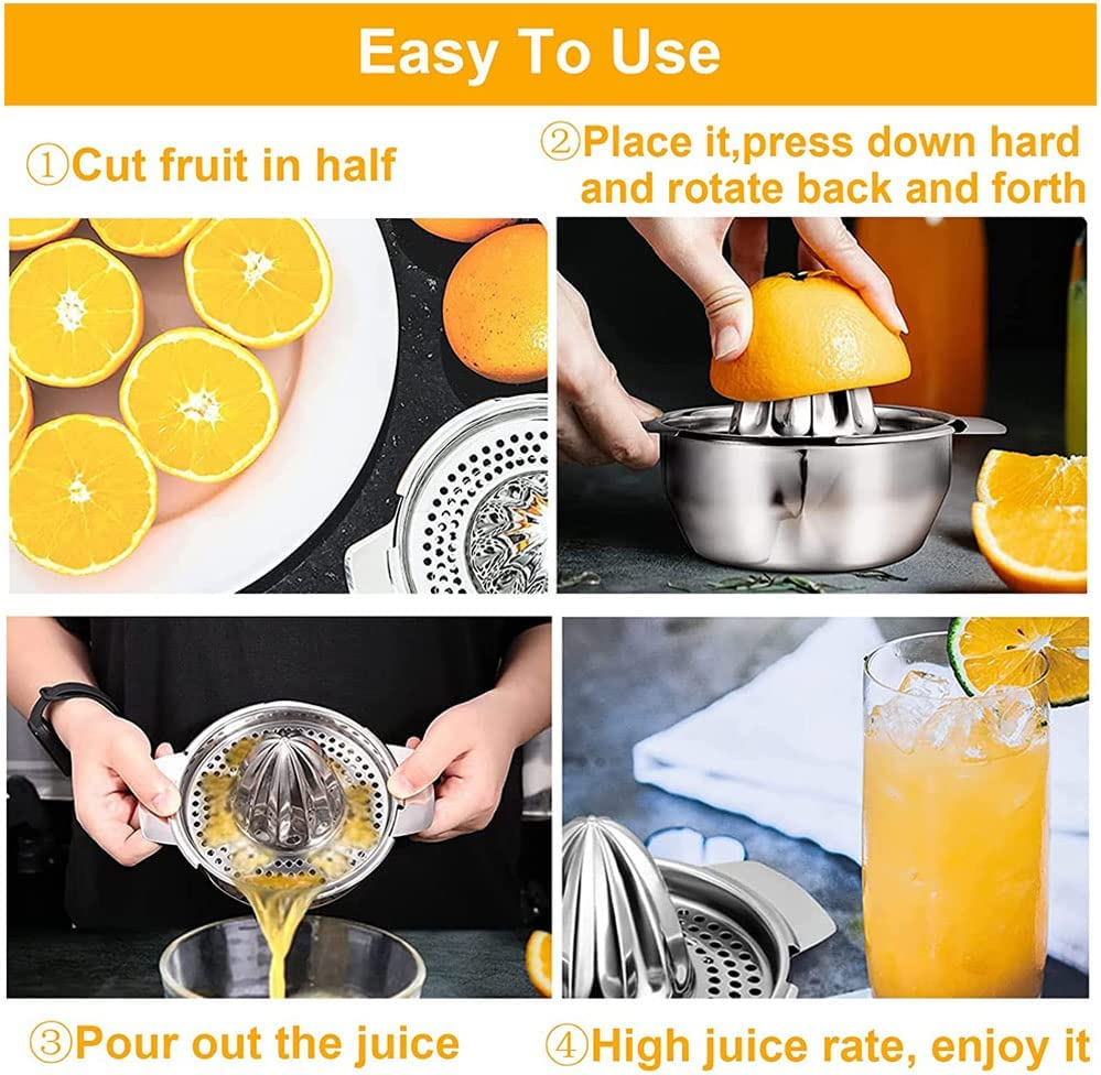Citrus Juicer Stainless Steel, Manual Hand Citrus Juicer Squeezer for Orange, Lemon, Grapefruit, Lime Lemon & Fruit Juices,Dishwasher Safe,Silver(13Oz) image number 2