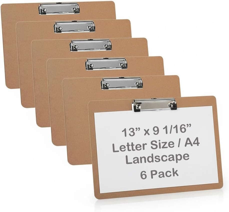 Acrimet Landscape Clipboard Letter Size A4 (13&rdquo; X 9 1/16&rdquo;) &ndash; Low Profile Wire Clip with Hanging Loop &ndash; Durable Hardboard Writing Board Horizontal 3Mm Thick Wood &ndash; Eco FSC Certified &ndash; 6 Pack image number 2
