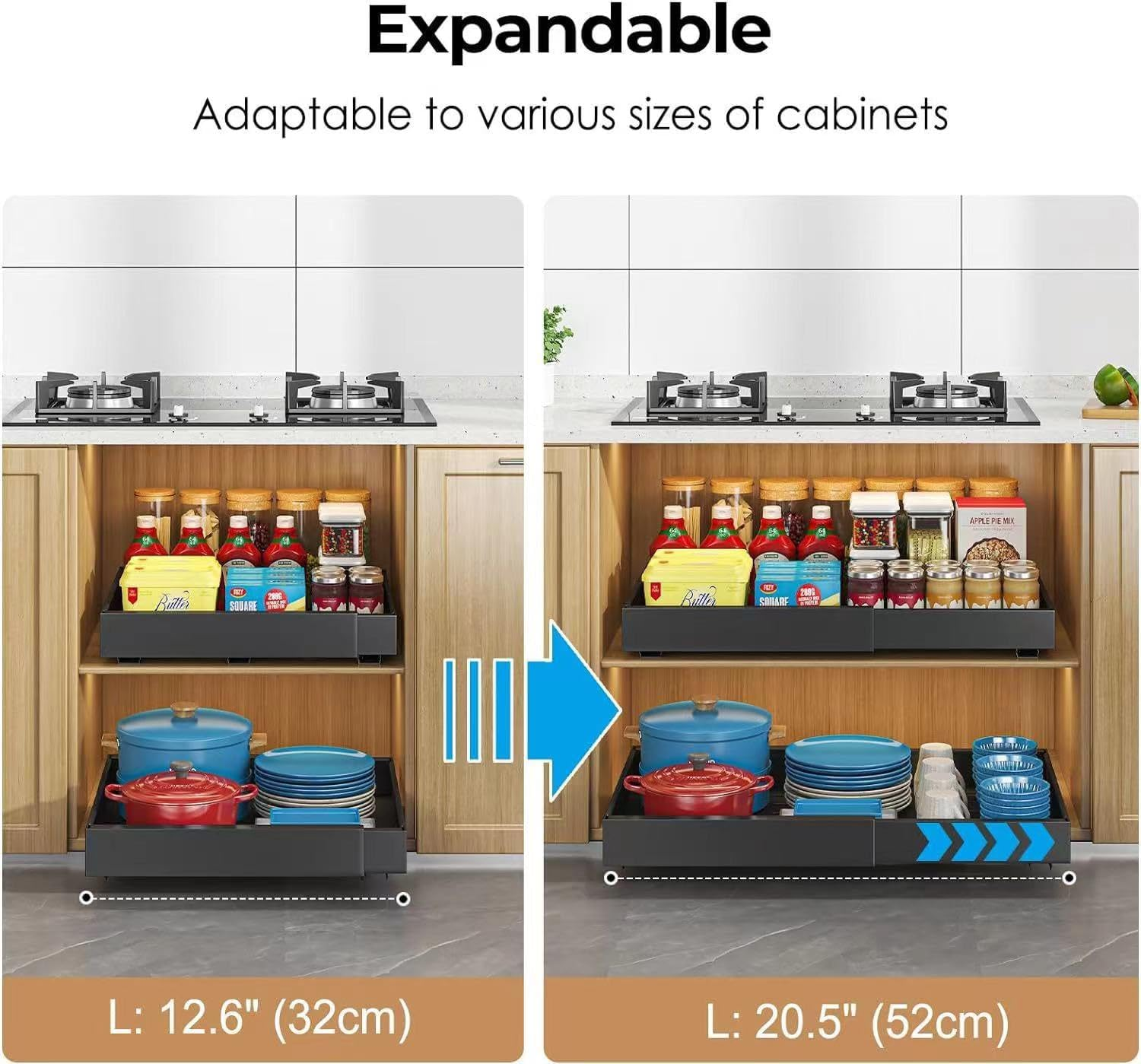 2 Pack Pull Out Drawers for Cabinets under Sink Organizer Slide Out Kitchen Storage Adhesive Shelf Cupboard for Home Pantry Spice Plate Cutlery Pan Medicine Expandable Drawer Organiser (12.4"-20.5") image number 6