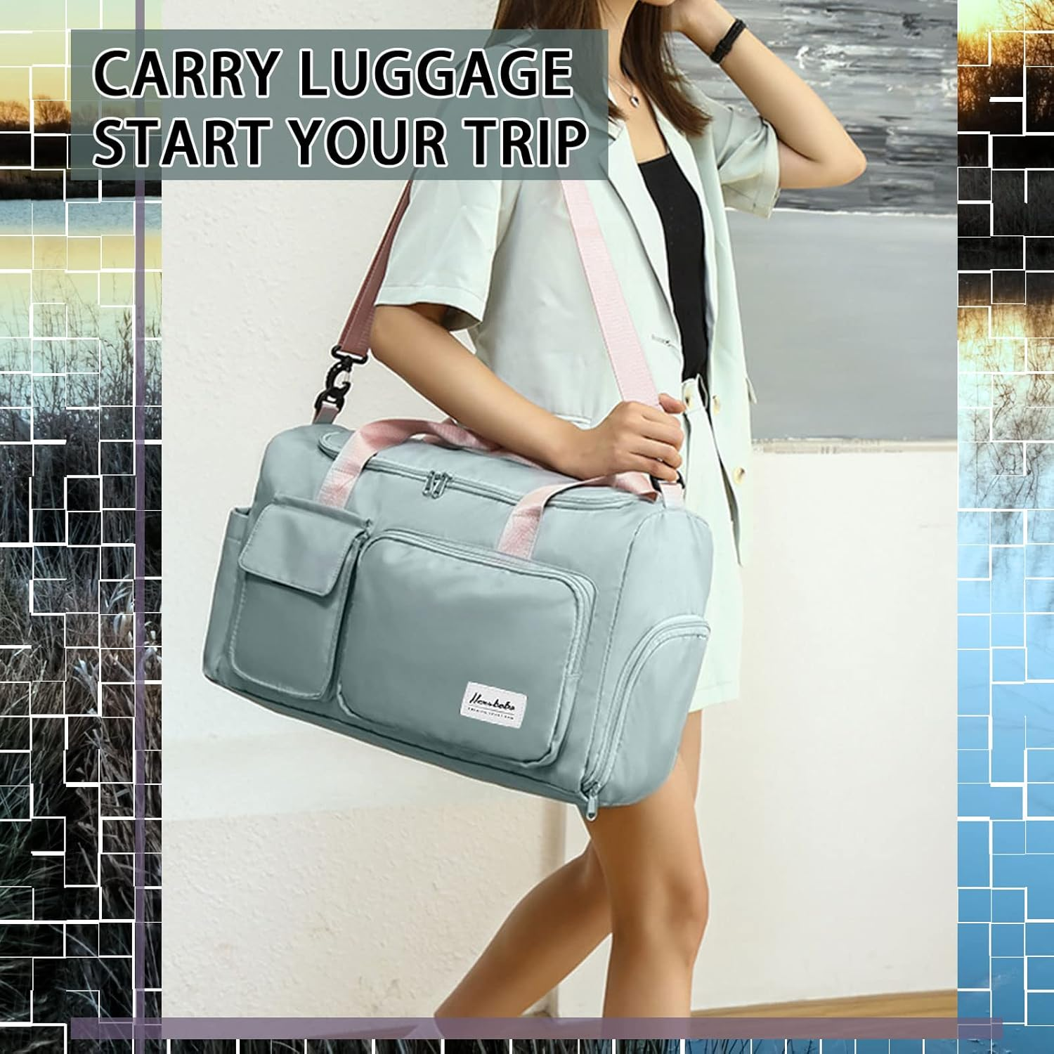 Gym Duffle Bag with Shoe Compartment Wet Pocket, Weekender Travel Bag with Shoulder Straps, Waterproof Sports Duffle Bag for Men Women, Lightweight Carry on Gym Bag (Green) image number 3