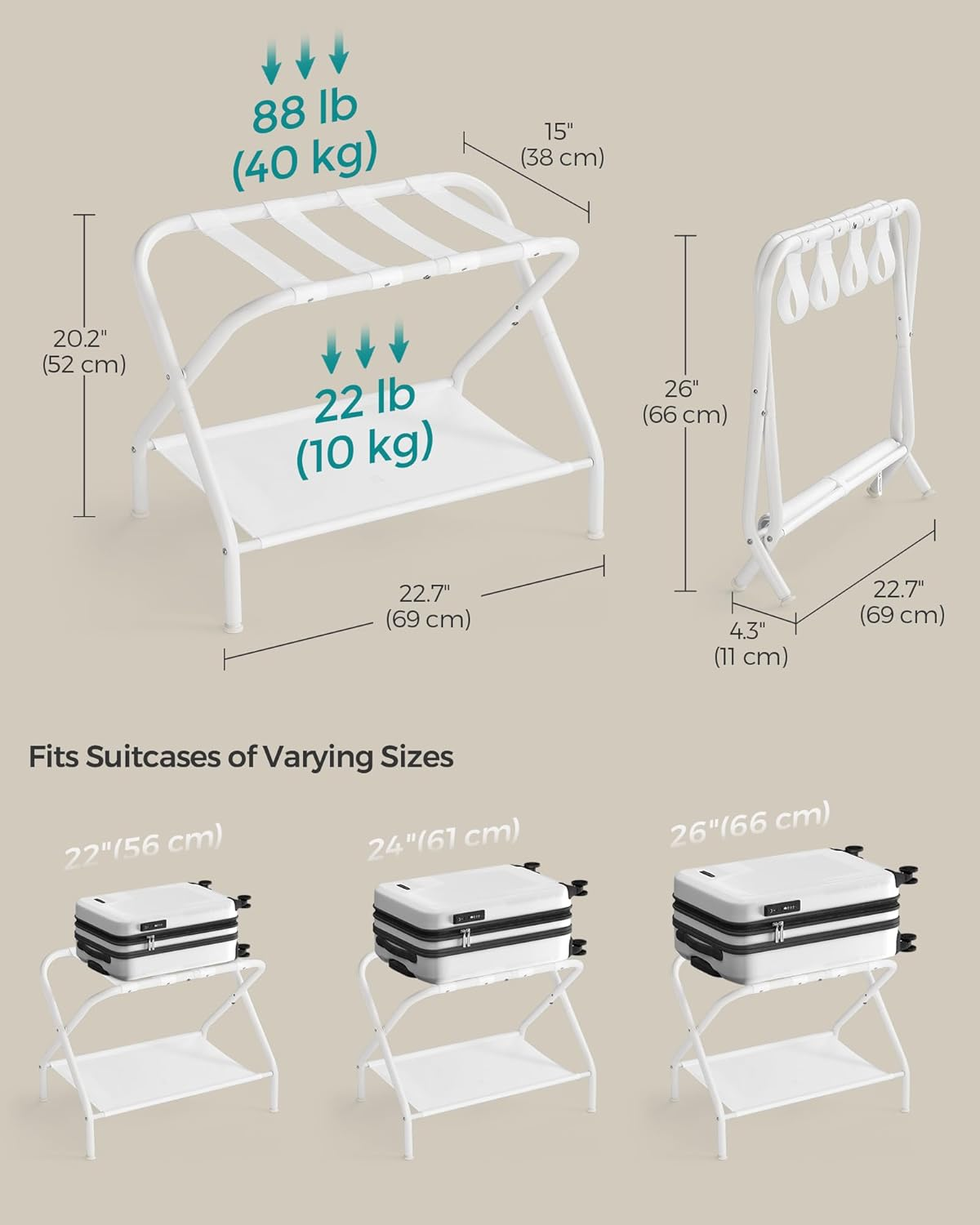 SONGMICS Luggage Racks, Set of 2, Suitcase Stand with Fabric Storage Shelf, for Guest Room, Bedroom, Hotel, Foldable, Holds up to 110 Lb, 27.2 X 15 X 20.5 Inches, Cloud White URLR002W02 image number 4