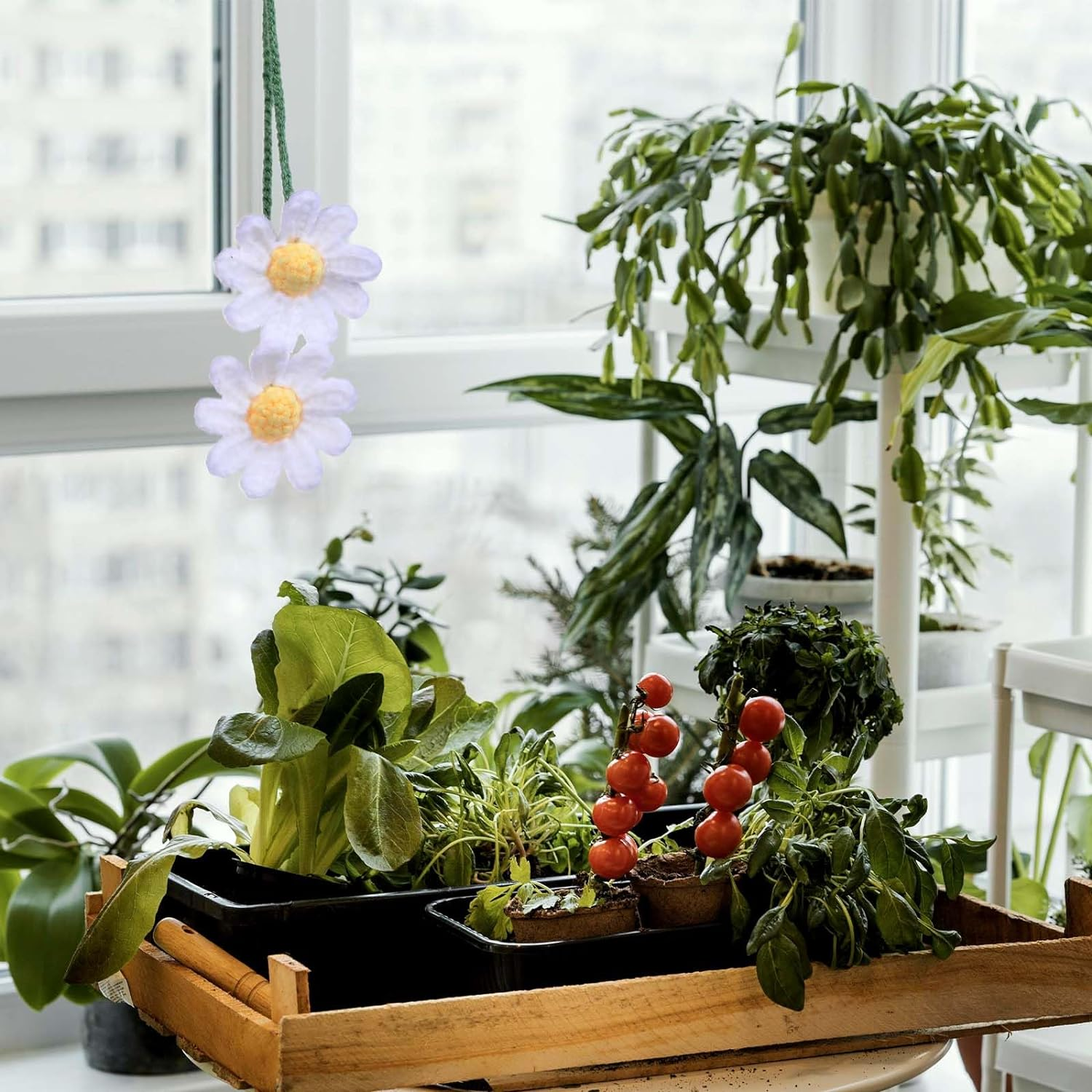 WLLHYF Crochet Daisy Car Pendant Cotton Cute Rear View Mirror Hanging Charms Handmade Knitted Woven Daisy Flower Tassel Car Accessories Automotive Interior Aesthetic (White) image number 6