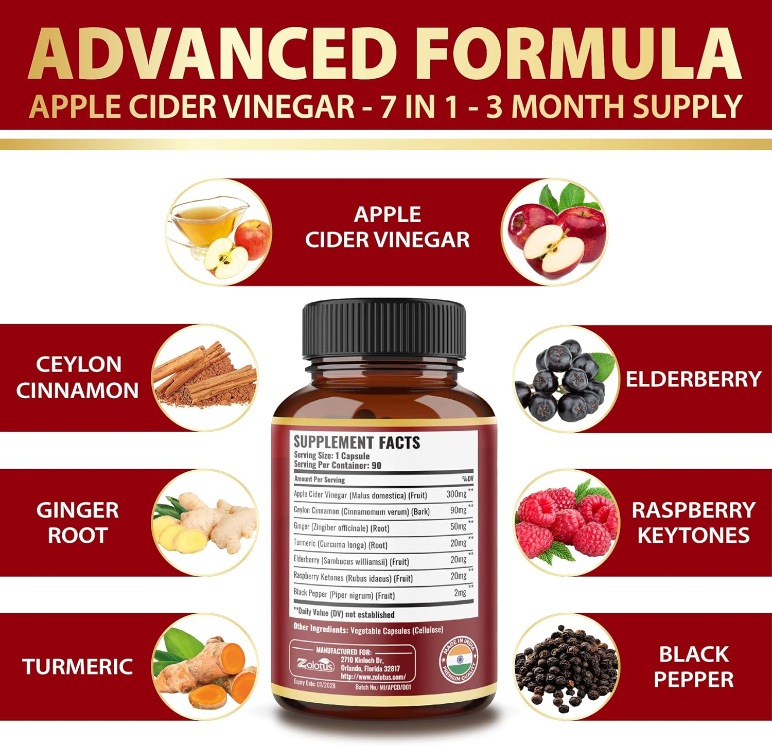 Zolotus 7 in 1 Apple Cider Vinegar Capsules, 3 Month Supply with Ceylon Cinnamon, Ginger Root, Turmeric, Elderberry - 90 Capsules image number 2