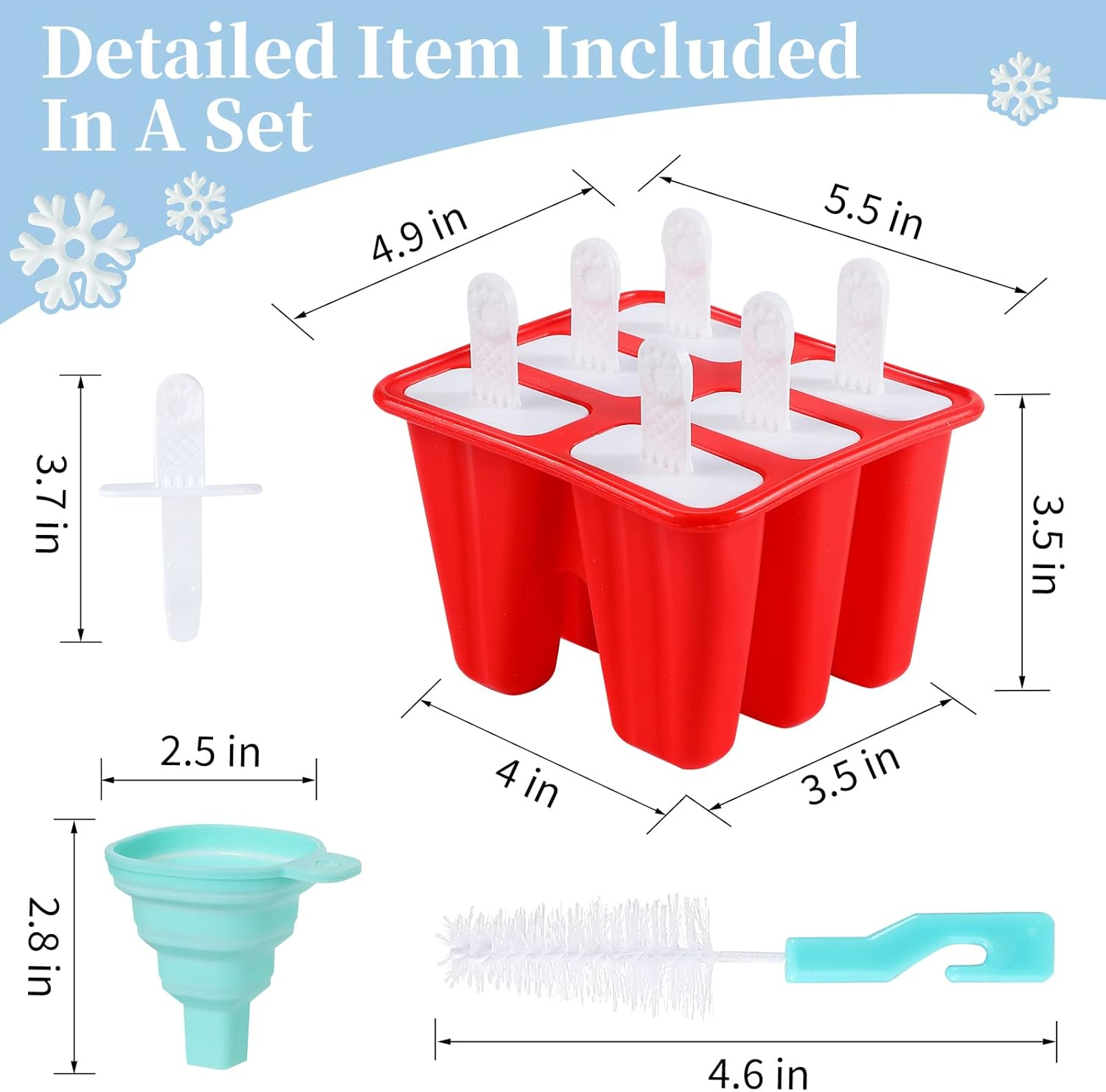 Popsicle Molds,Silicone Ice Pop Molds,Bpa Free Popsicle Mold Reusable Easy Release Ice Pop Maker,Homemade Popsicle Mould with Silicone Funnel and Cleaning Brush (Red, 6 Cavities) image number 4