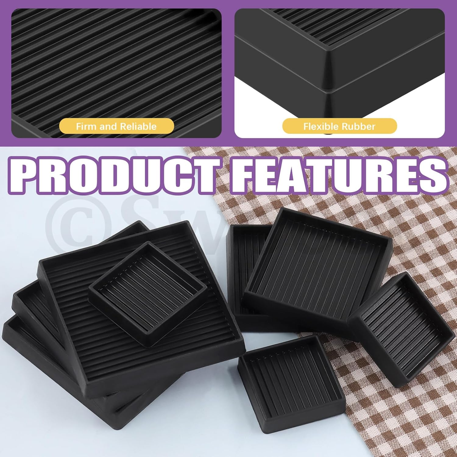 Swpeet 4Pcs 3" X 3" Square Black Rubber anti Skid Caster Cups Non Slip Furniture Pads Kit, Anti-Slip Gripper, anti Skid Furniture Feet anti Slide Floor Stoppers for Bed Couch Table Chair Stoppers image number 3