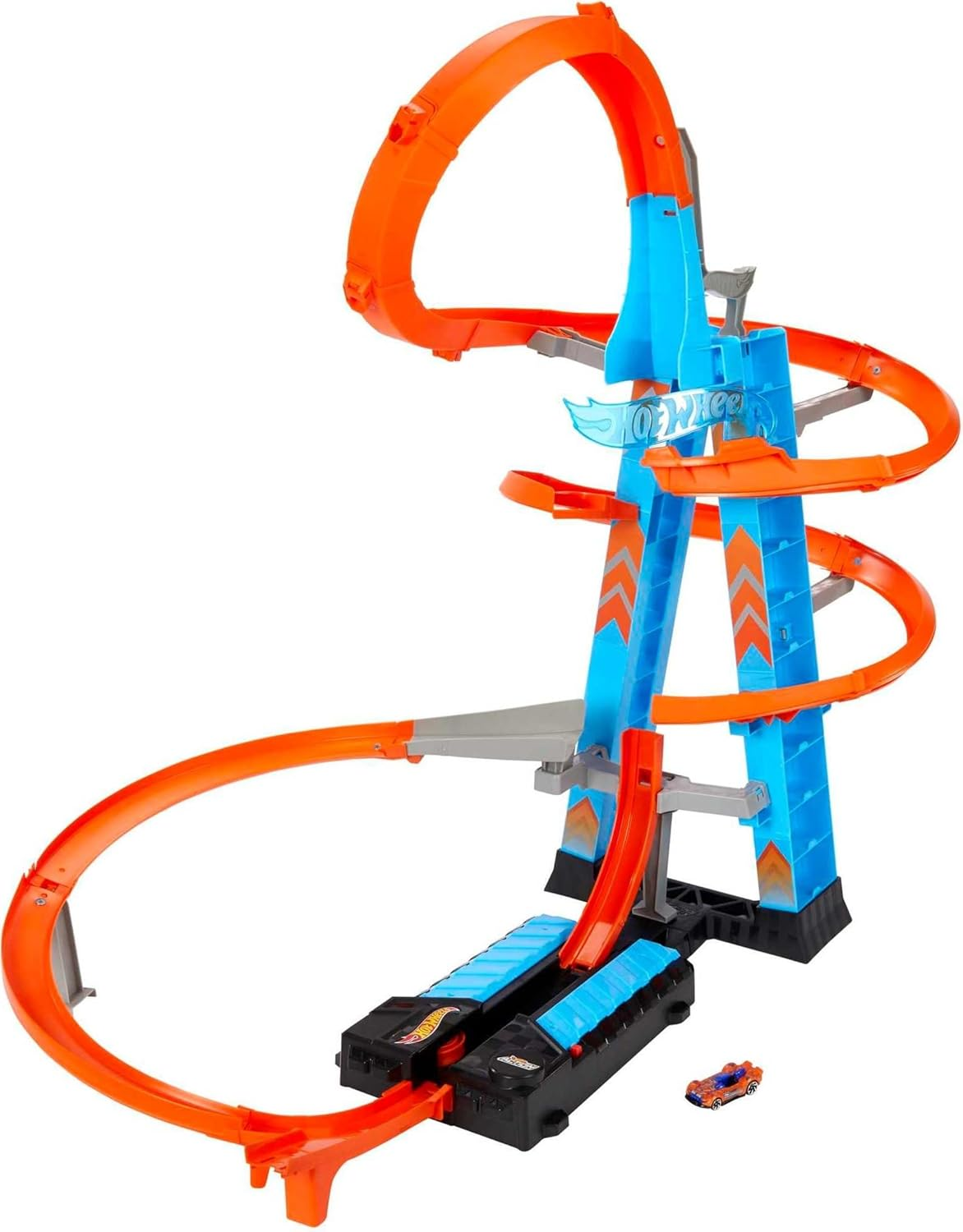 Hot Wheels Sky Crash Tower Track Set, 2.5+ Ft / 83 Cm High with Motorized Booster, Orange Track & 1 Hot Wheels Vehicle, Race Multiple Cars, Kids 5 to 10 Years Old & Up
