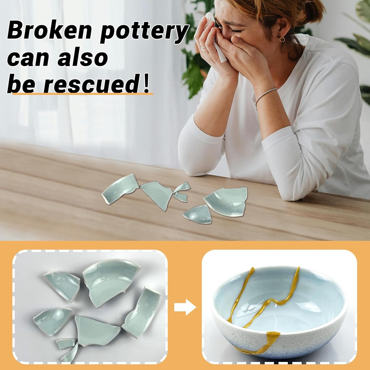 Kintsugi Repair Kit with Practice Cup, Japanese Gold Repair Kit, for Ceramics and Porcelain Restore, Beginner Fix Broken Pottery Set, Handmade Gifts image number 5