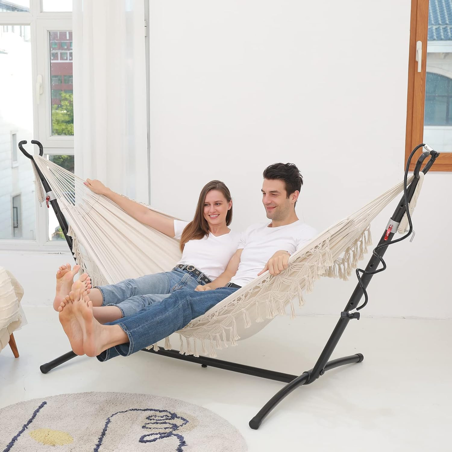 Hammock Boho Hammock Deluxe Double Hammocks Hamacas Para Patio 2 Person Portable Hammock with Carry Bag Perfect for Camping Patio, Porch, Bedroom, Yard, Beach, Indoor, Outdoor (Beige) image number 2