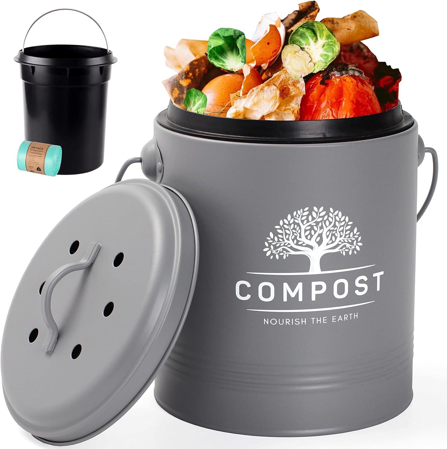Perfnique Kitchen Compost Bin, 1.3 Gallon Countertop Compost Bin with Lid, Indoor Compost Bucket Includes Inner Bucket Liner and Carbon Filter, Small Compost Bin with Trash Bags