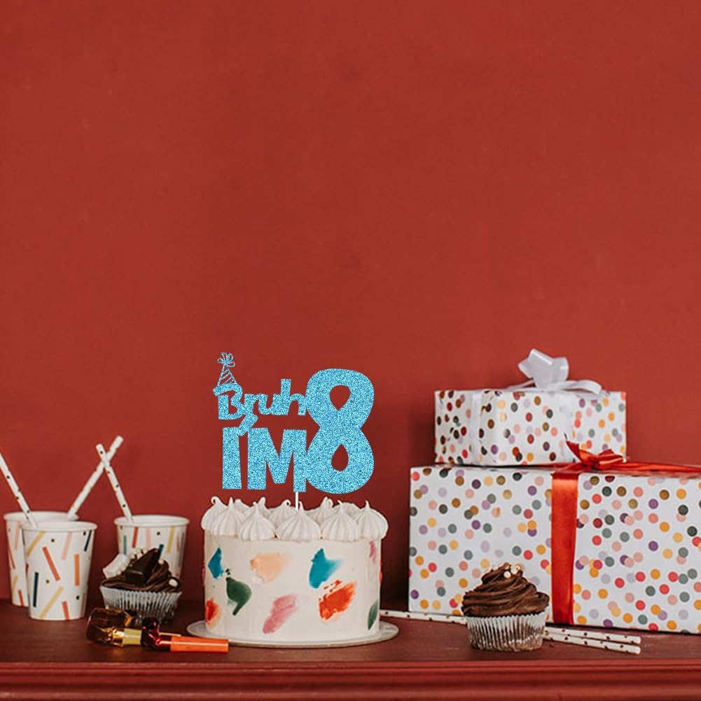 XIUHUBA Bruh I'M 8 Cake Topper, Happy 8Th Birthday Cake Decor, Kids Boys 8Th Birthday Party Decorations, Funny Eight Years Old Birthday Party Supplies Blue Glitter image number 5