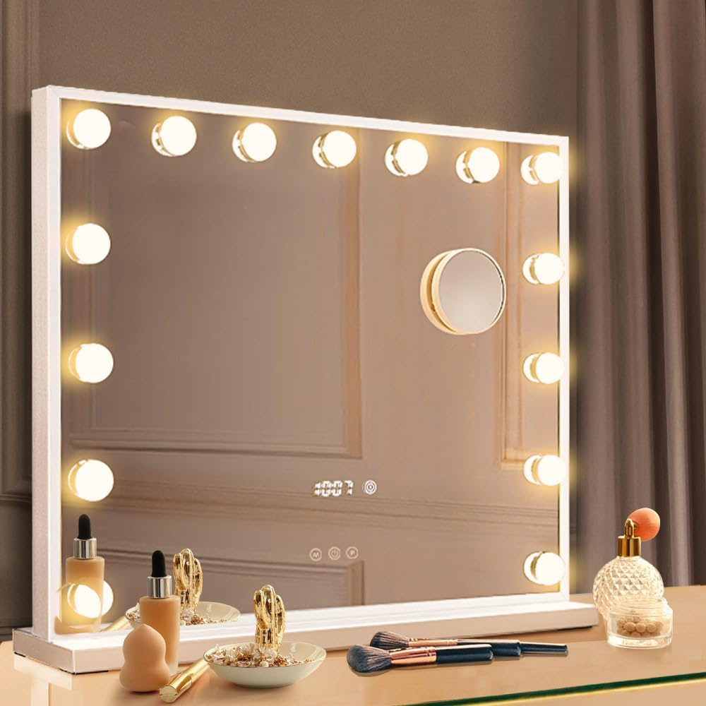 Simplus Vanity Makeup Mirror with Lights Hollywood LED Mirrors Stand, Smart Touch Control Screen and Time Display, 15 Dimmable LED Lights Stable Base White, 60X52Cm