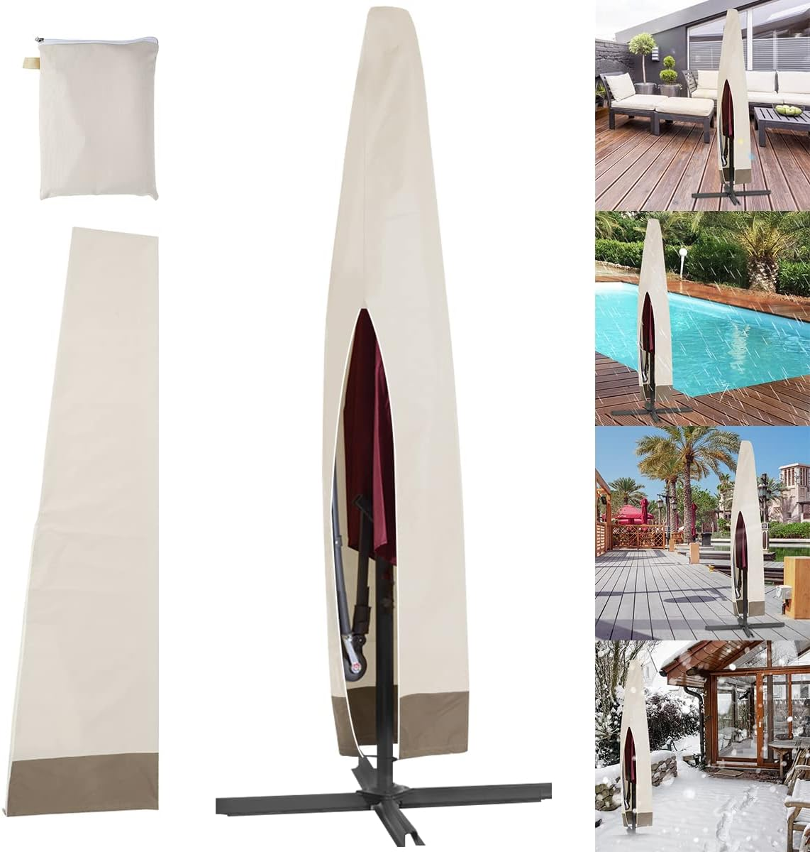 Patio Umbrella Cover Outdoor 600D Oxford Cloth Waterproof Umbrella Covers with Storage Bag Garden Parasol Cover with Drawstring for Outdoor Umbrellas (1, Beige+Coffee) image number 2