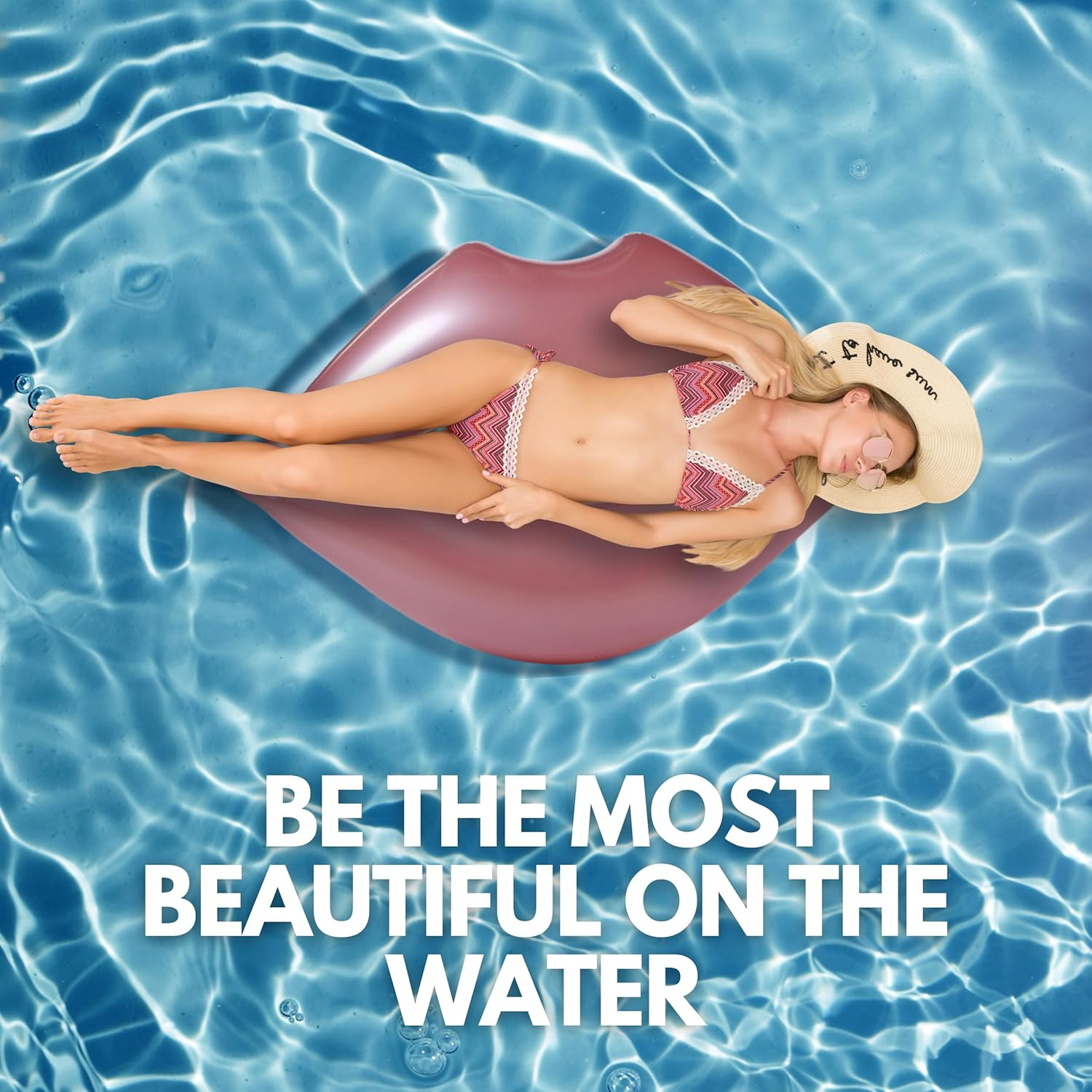 Giant Pink Lips Pool Float &ndash; 46 X 30 Inch Adult Water Lounger Large Pool Float Inflatable Mouth Print Floating Row Water Toy Rest Swimming Pool Float image number 1