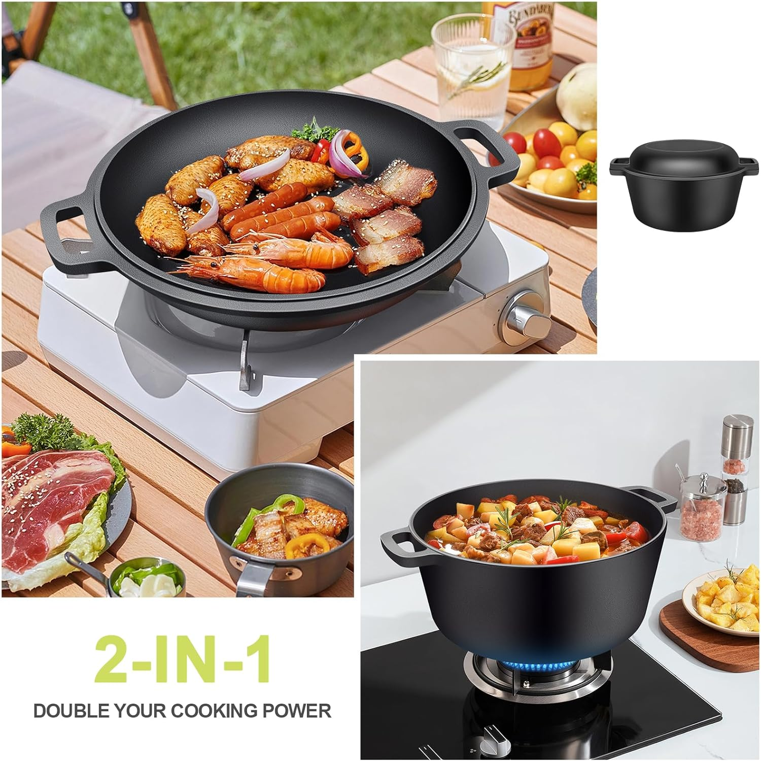 RAINBEAN 2-In-1 Pre-Seasoned Cast Iron Dutch Oven Pot with Skillet Lid Cooking Pan,5.5 QT Dual Handles Dutch Oven Pot with Lid,Heavy-Duty Non-Stick round Dutch Oven for Bread Baking, Stewing, Roasting image number 2